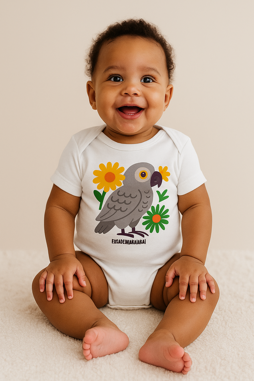 Bébé afro souriant de six mois portant le body blanc Mikaya à motif perroquet et fleurs jaunes, photographié en studio sur fond beige.