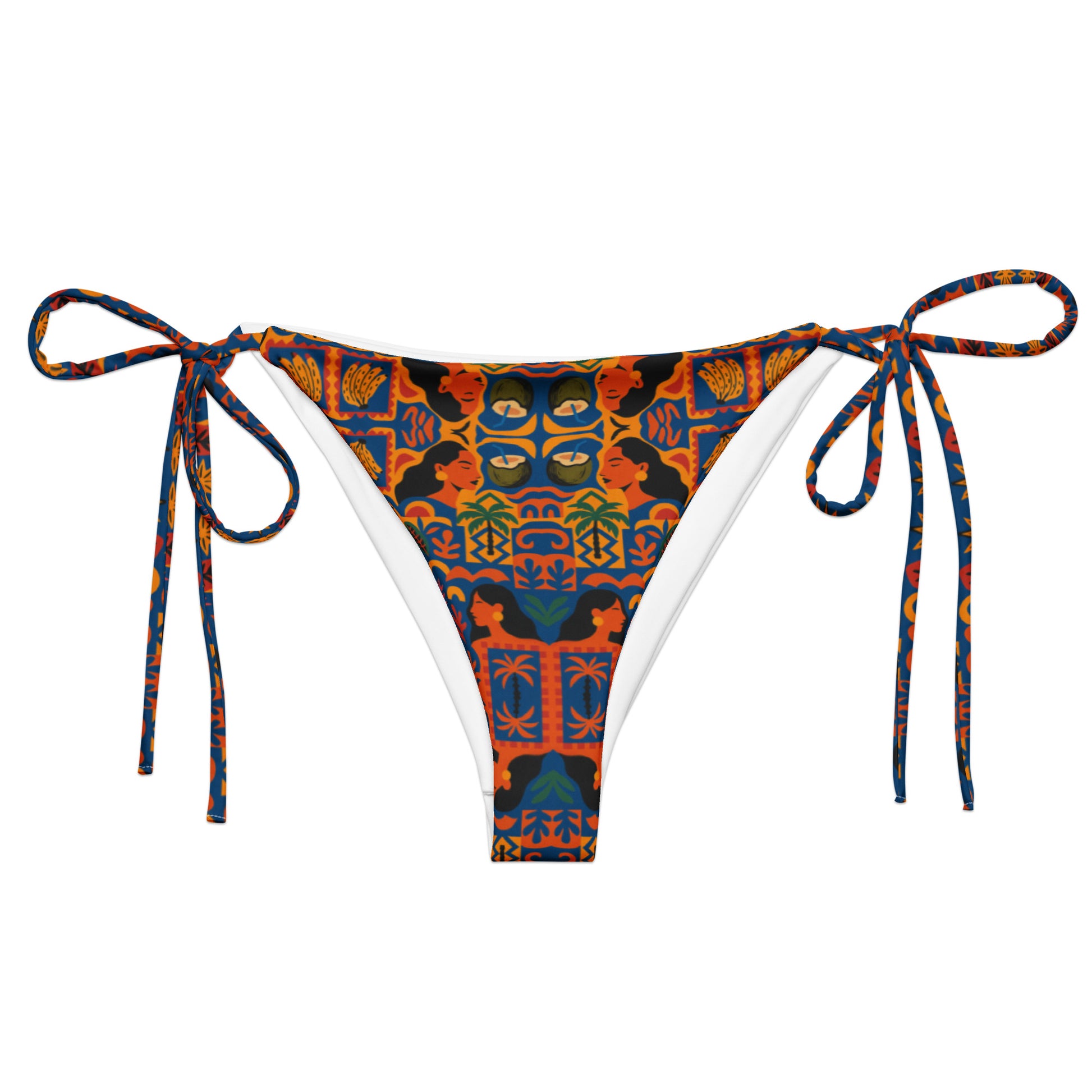 Bas de bikini à cordons Isla Sol, imprimé afro-méditerranéen exclusif aux couleurs chaudes, en polyester recyclé avec protection UPF 50+, conçu par Élisabeth Akaïa Kaï pour une clientèle afro-luxe en quête d’élégance et de confort au soleil.
