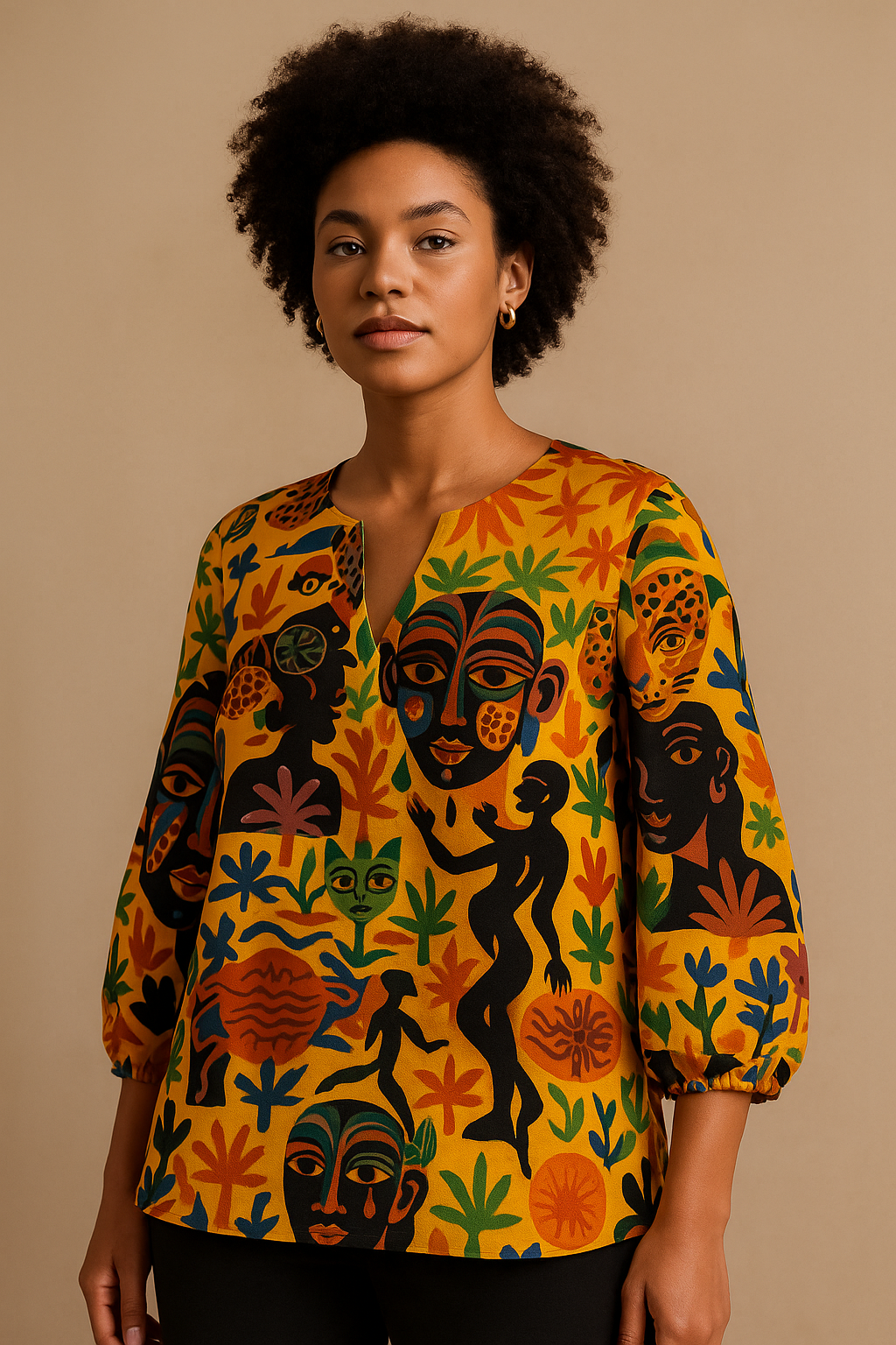 Blouse Tanéa portée par une femme afro-métisse dans un studio à fond beige. Le col en V et les motifs colorés mettent en valeur l’élégance naturelle du vêtement.
