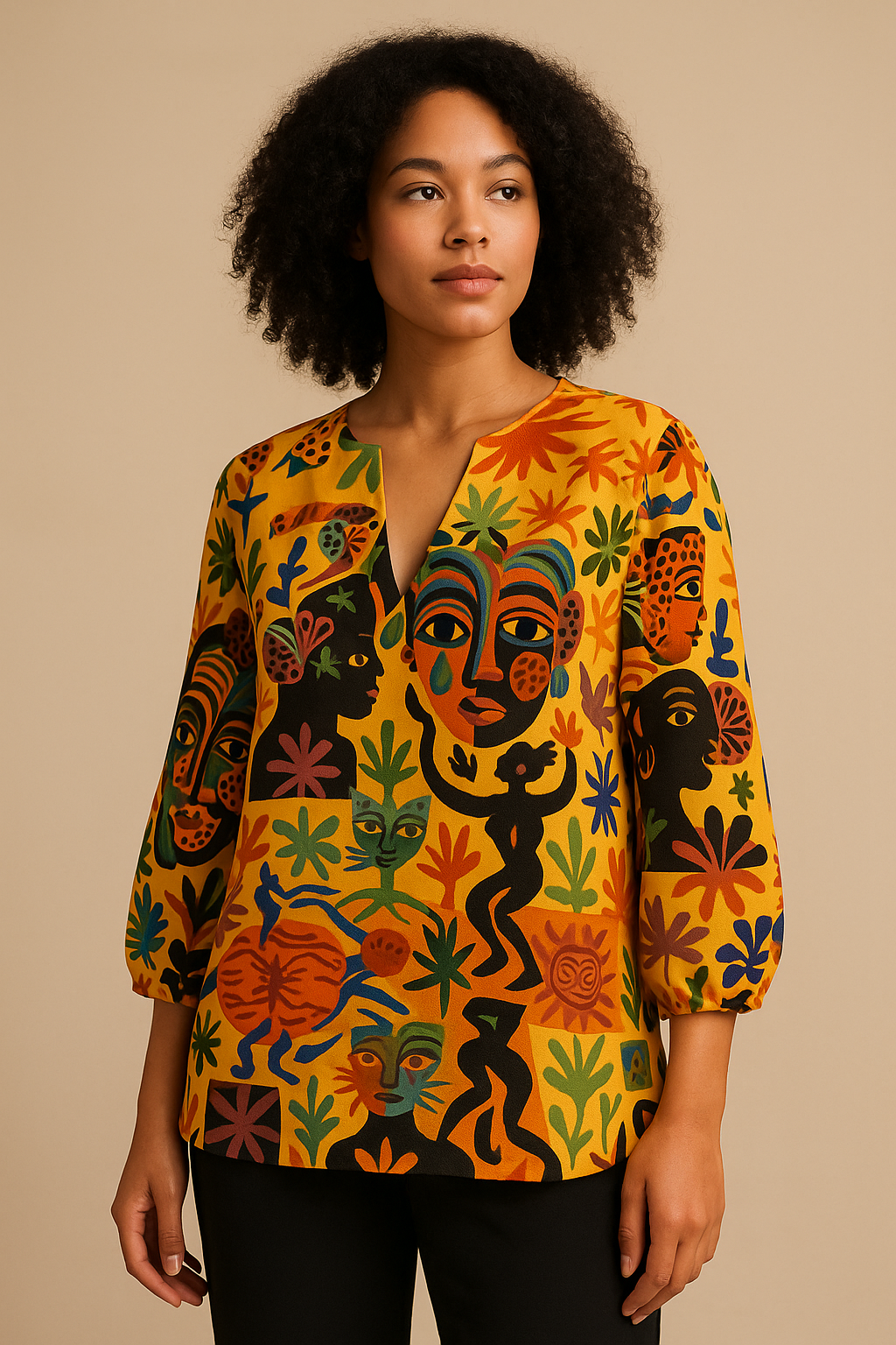 Blouse Tanéa portée de dos par une femme afro-métisse, illustrant la richesse de l’imprimé artistique et la coupe confortable à manches 3/4.