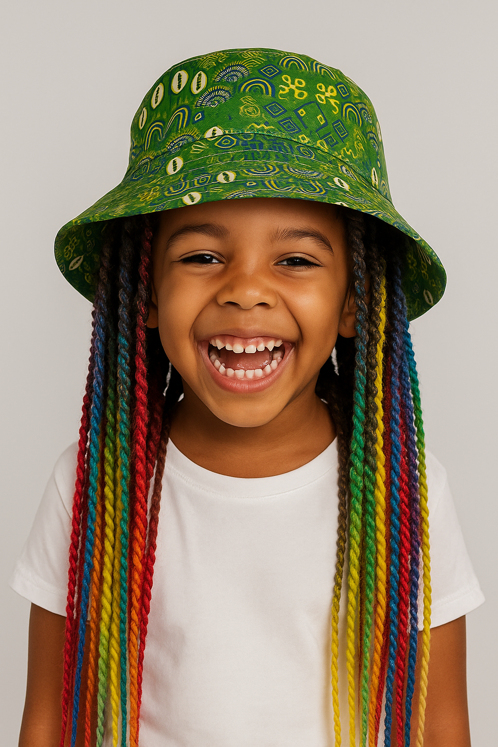 Petite fille afro-métisse de 6 ans avec de longs rastas arc-en-ciel, riant avec une dent en moins tout en portant le Bob Mwana vert aux motifs africains.