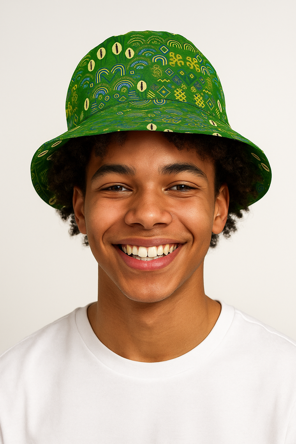 Adolescent afro-métis de 18 ans portant le Bob Mwana vert aux motifs africains, souriant avec douceur et assurance devant un fond neutre.Adolescent afro-métis de 18 ans portant le Bob Mwana vert aux motifs africains, souriant avec douceur et assurance devant un fond neutre.