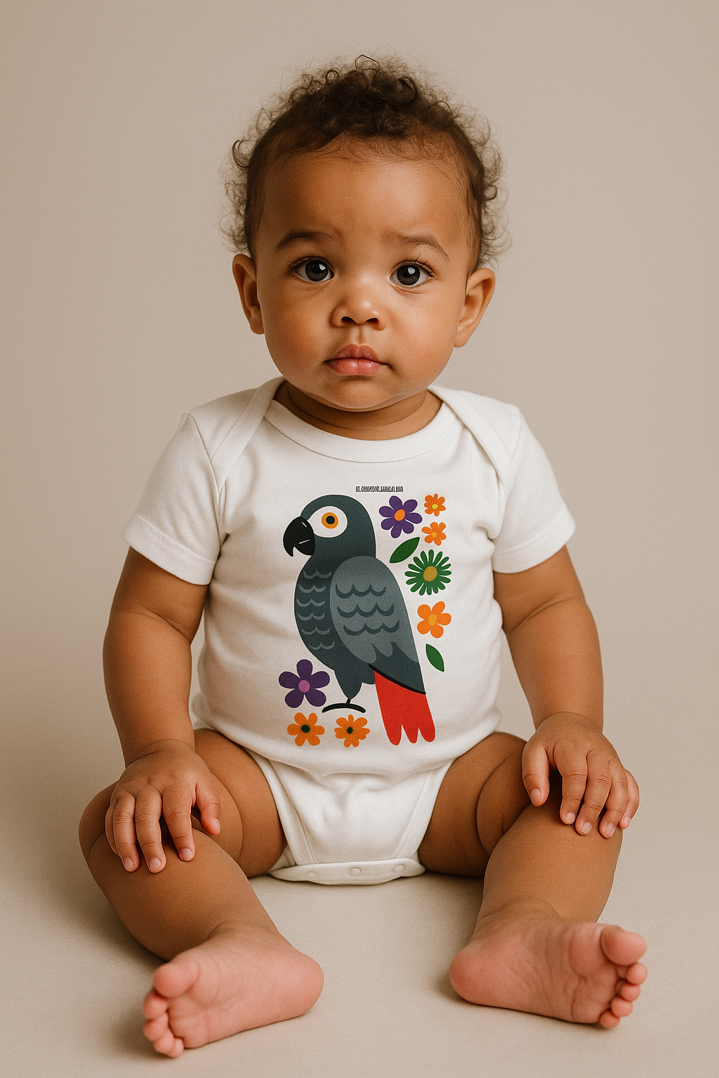 Bébé assis en studio photo, portant le body coton bio Ndzéba avec perroquet jaco et fleurs, design artistique inspiré du Gabon luxe.