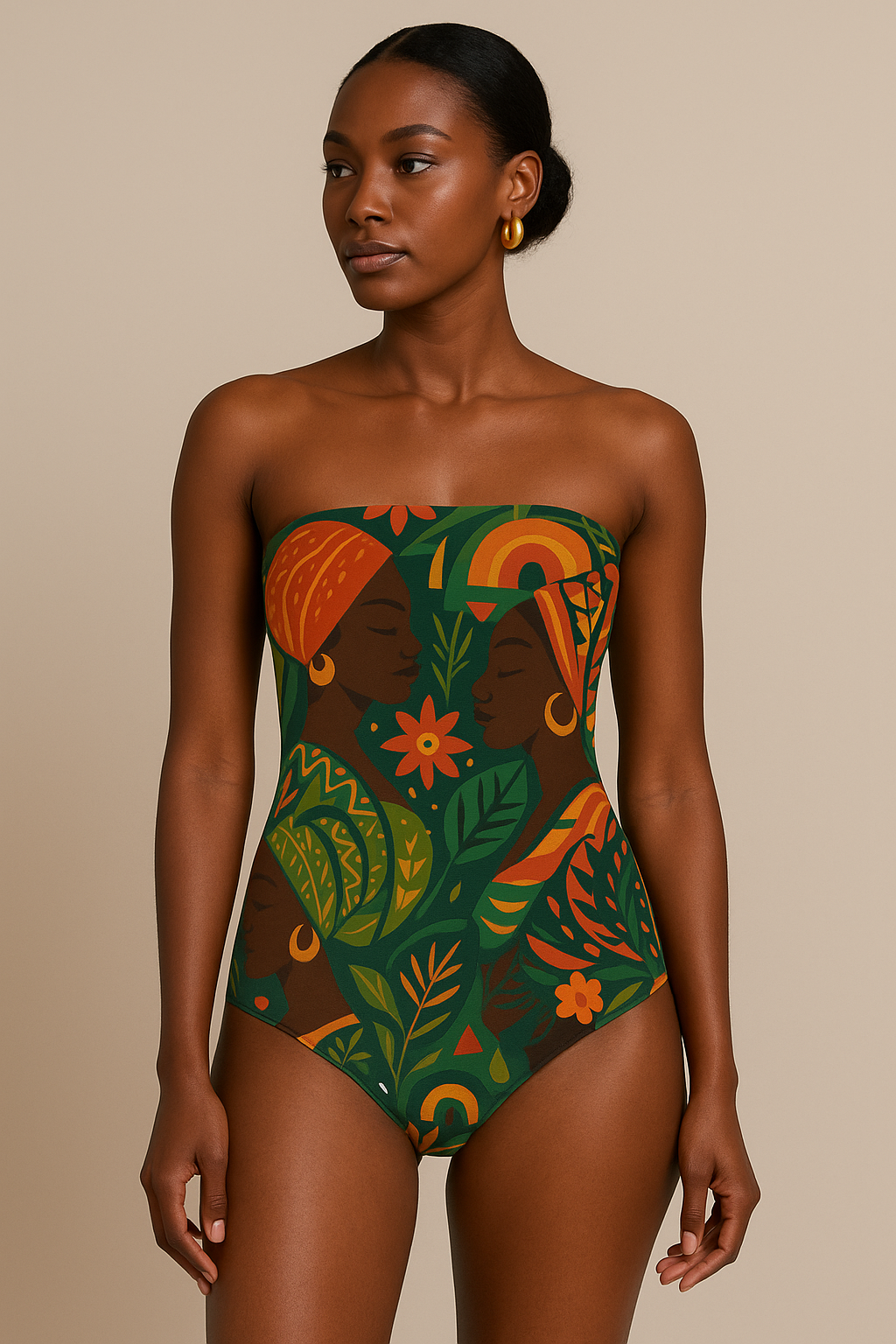 Femme afro élégante portant le body bustier Dzanaï à imprimé afro-artistique sur fond studio beige. Maillot de bain sans bretelles éthique et créatif signé Élisabeth Akaïa Kaï.