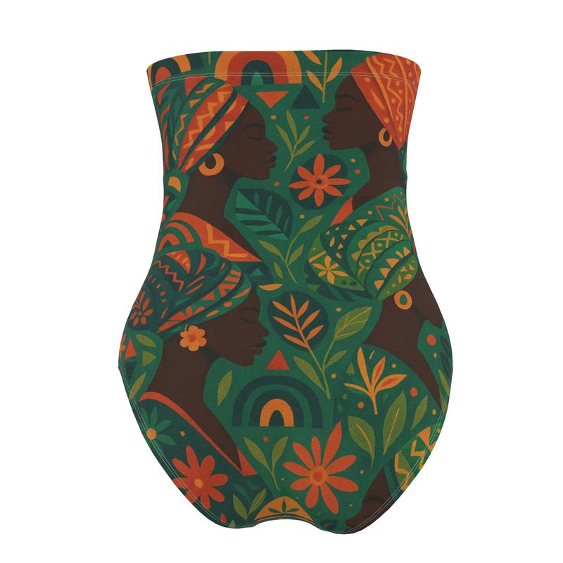 Maillot de bain sans bretelles avec motifs artistiques africains, création éthique et inclusive Élisabeth Akaïa Kaï