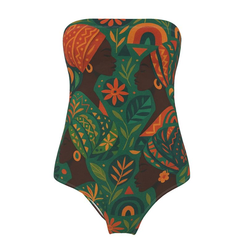 Maillot de bain sans bretelles avec motifs artistiques africains, création éthique et inclusive Élisabeth Akaïa Kaï