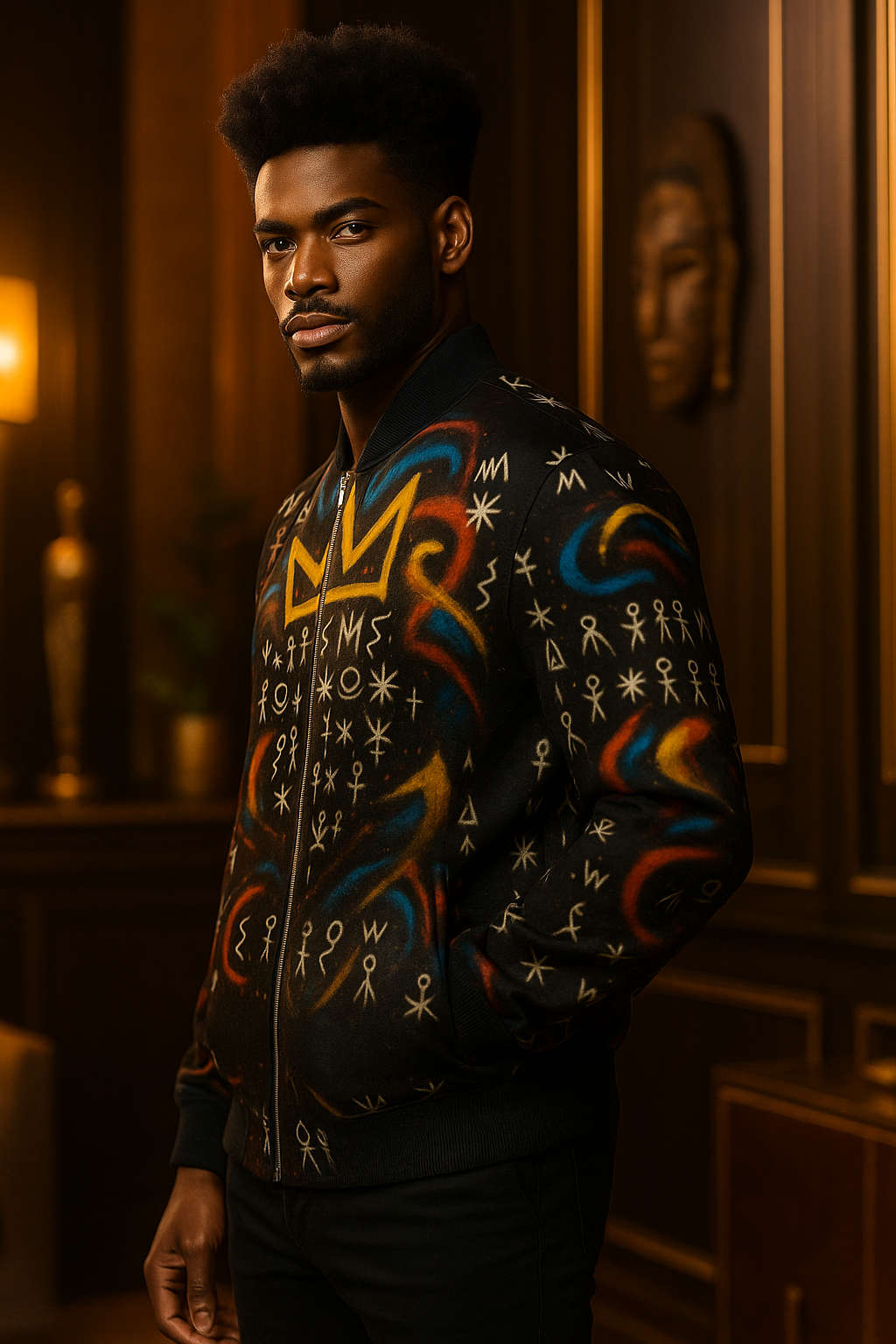 Plongez dans l’aura mystique du bomber “Dynastie Urbaine”, une pièce où l’art et l’héritage se rencontrent. Inspiré des symboles ancestraux bantous et revisité dans un style contemporain, ce blouson célèbre la royauté intérieure et l’expression de soi. Ses motifs graphiques, peints dans des nuances profondes de rouge, bleu et or, rappellent une constellation de signes sacrés qui habillent le tissu comme une fresque vivante. Conçu pour ceux qui portent leur histoire comme une couronne, ce bomber incarne le l