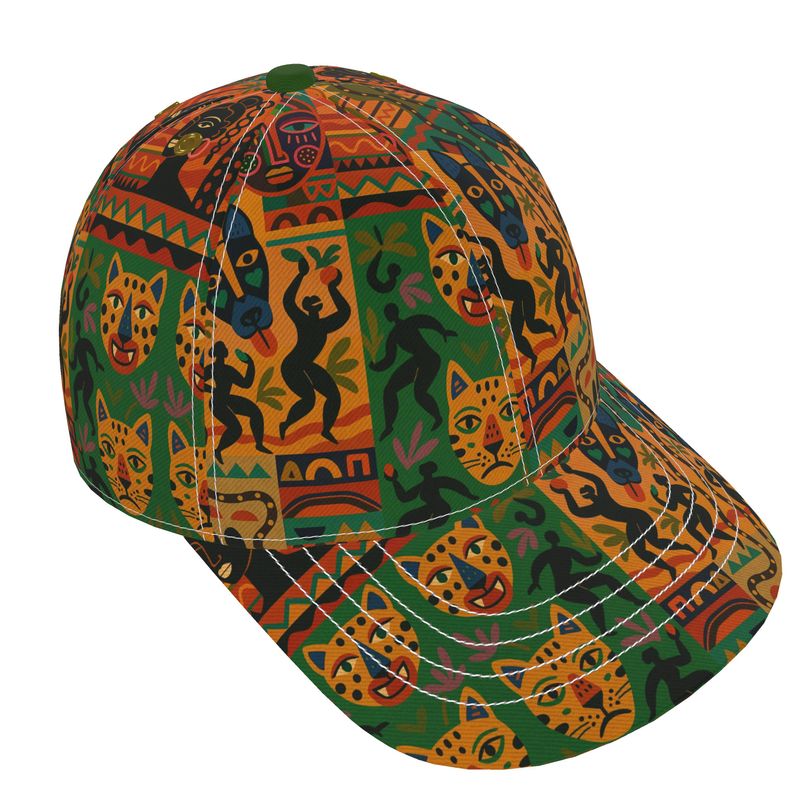 Casquette Nzinga, édition limitée Afro Luxe, vue avant stylisée avec détails visibles des motifs africains traditionnels et modernes.