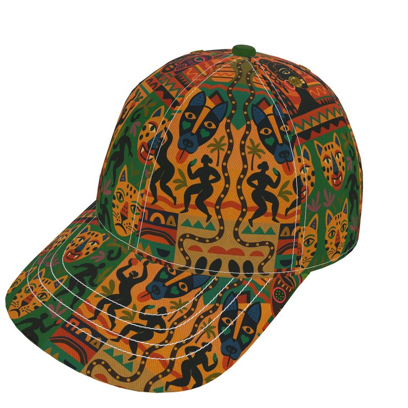 Casquette Nzinga, accessoire haut de gamme inspiré du Gabon Luxe, vue latérale gauche montrant les détails des motifs africains artistiques.