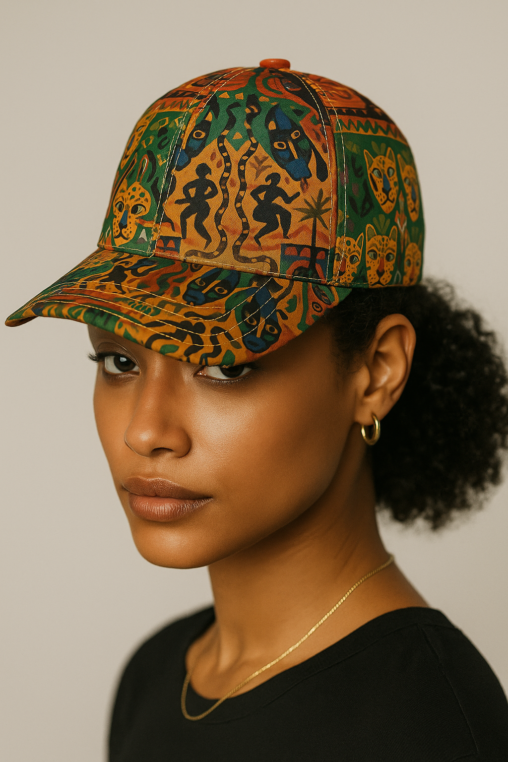Gros plan d’une mannequin afro portant la Casquette Nzinga, casquette haut de gamme à 6 panneaux avec imprimés artistiques africains. Mode Afro Luxe en studio, lumière élégante et raffinée.