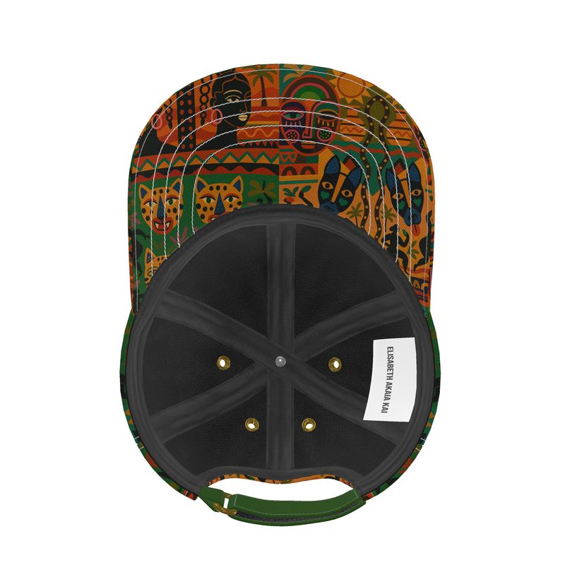 Vue intérieure de la Casquette Nzinga, montrant la doublure en poly-mesh noir, les coutures 6 panneaux et l’étiquette Elisabeth Akaïa Kaï.