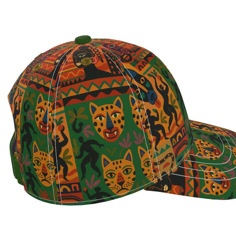 Casquette Nzinga Afro Luxe, vue latérale droite en 3D, présentant les imprimés artistiques africains et la visière incurvée élégante.