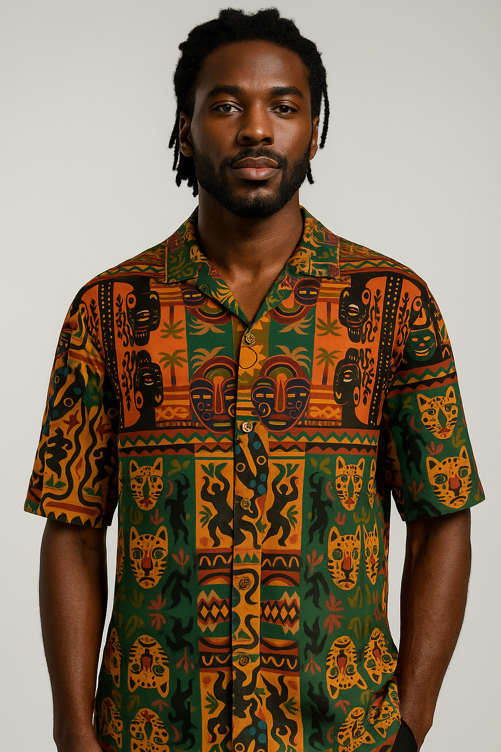 Homme afro portant la chemise Nzinga en coton satin bio, vue de face, avec imprimé artistique afro-luxe aux motifs félins, masques et symboles colorés.