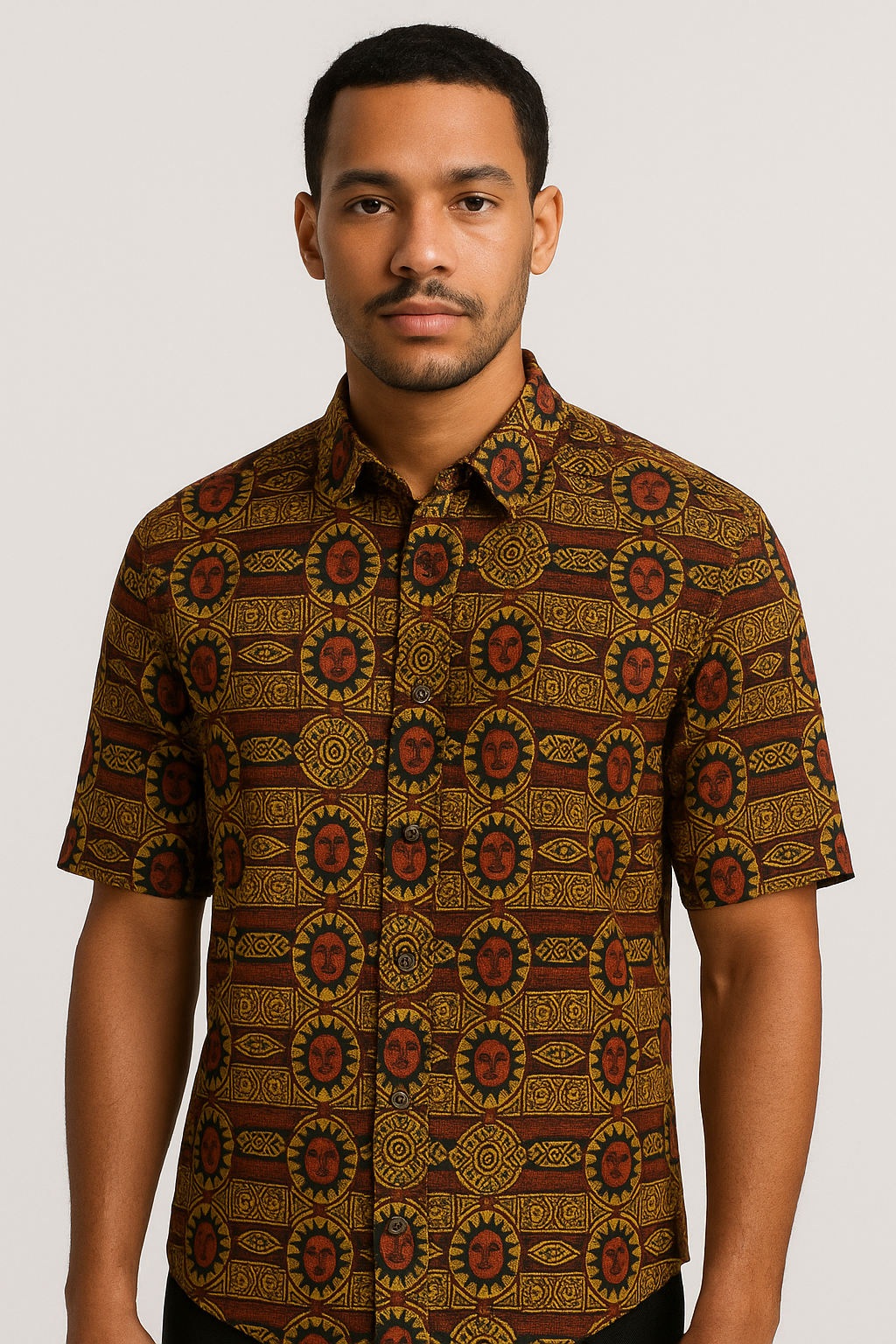 Mannequin afro en chemise imprimée africaine aux motifs solaires rouges et dorés, vue de face sur fond neutre.