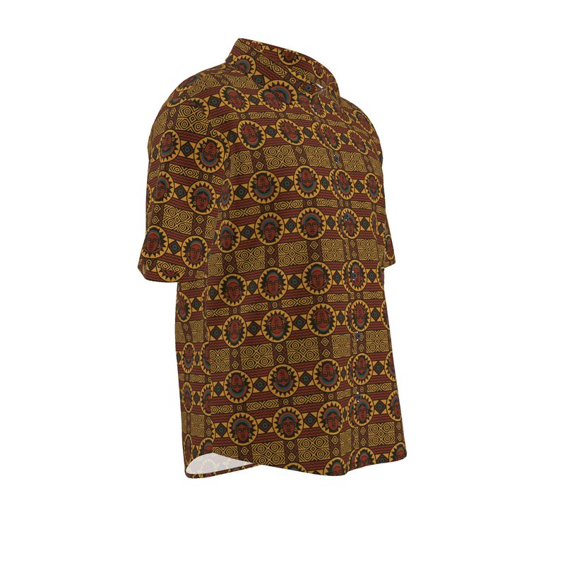 Chemise africaine avec imprimé artistique et symbolique solaire, présentation 3D sur fond neutre, vue de côté droit.