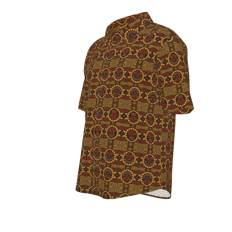 Chemise artistique africaine en rendu 3D, motifs solaires et géométriques ethniques, vue de côté gauche.