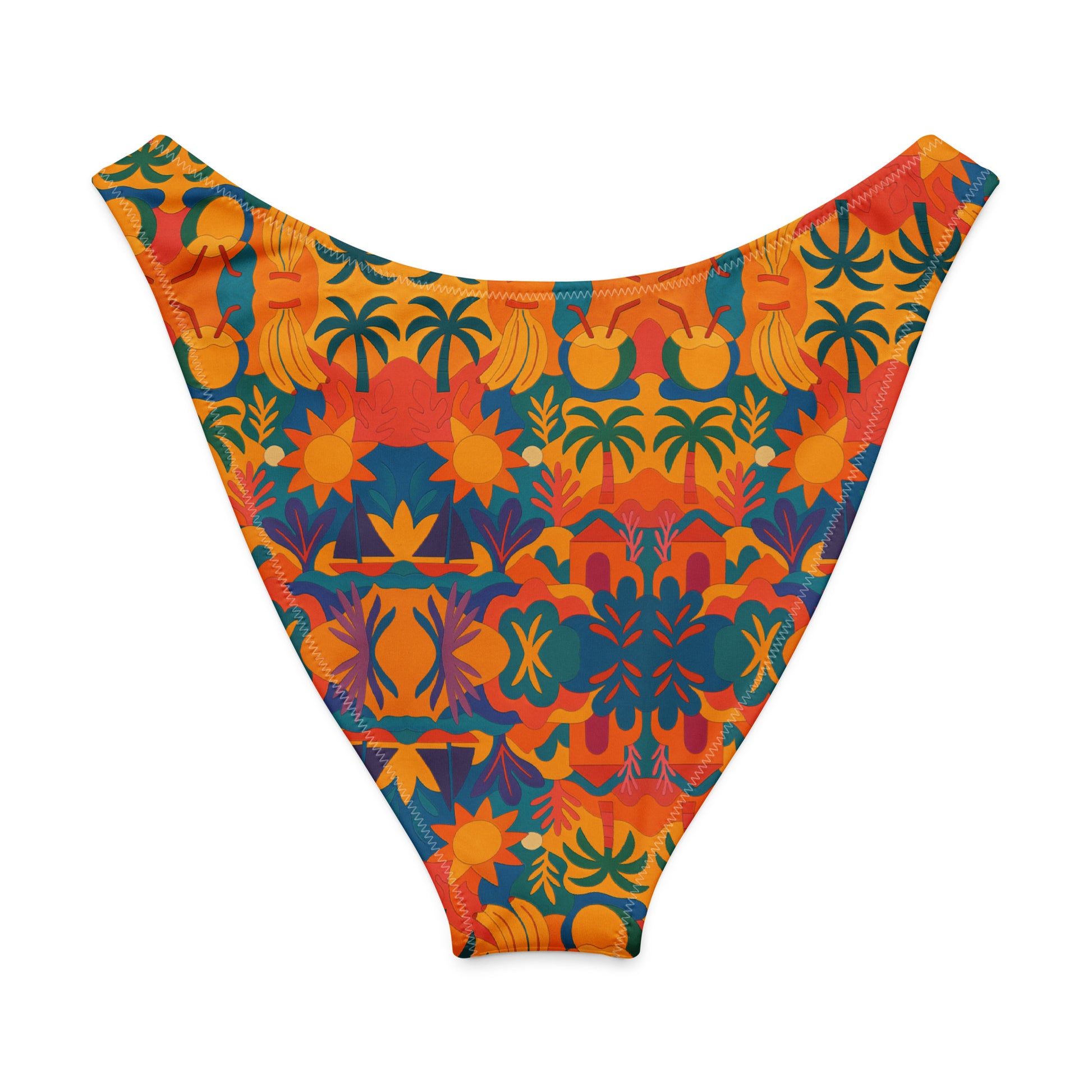 Dos du bas de maillot Palma Áurea avec motifs vibrants de bananes, palmiers et soleils stylisés – coupe échancrée, tissu recyclé.
