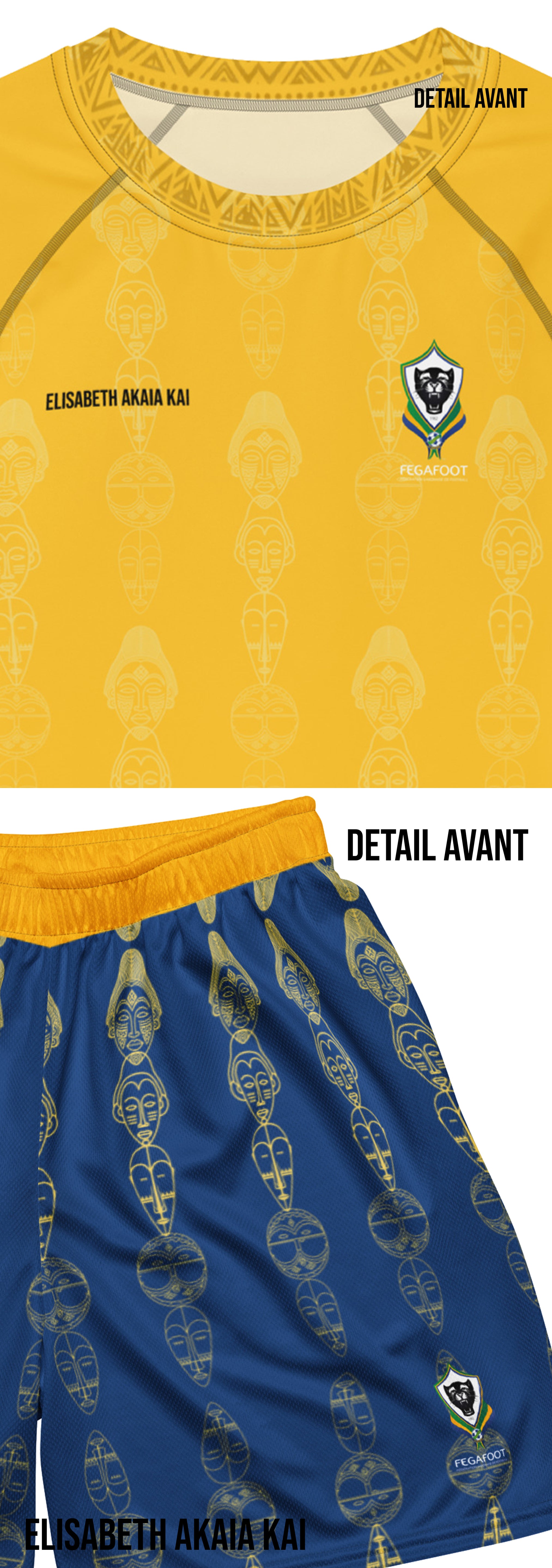 Vue rapprochée du maillot jaune et du short bleu de l’équipe du Gabon, conçus par la marque Élisabeth Akaïa Kaï. L’image met en avant les détails du col orné de motifs géométriques inspirés des arts traditionnels, ainsi que les masques symboliques Punu et Fang imprimés ton sur ton sur le tissu. Le logo de la FÉGAFOOT et celui de la marque apparaissent sur les deux pièces, illustrant la fusion entre l’élégance culturelle et la performance sportive.