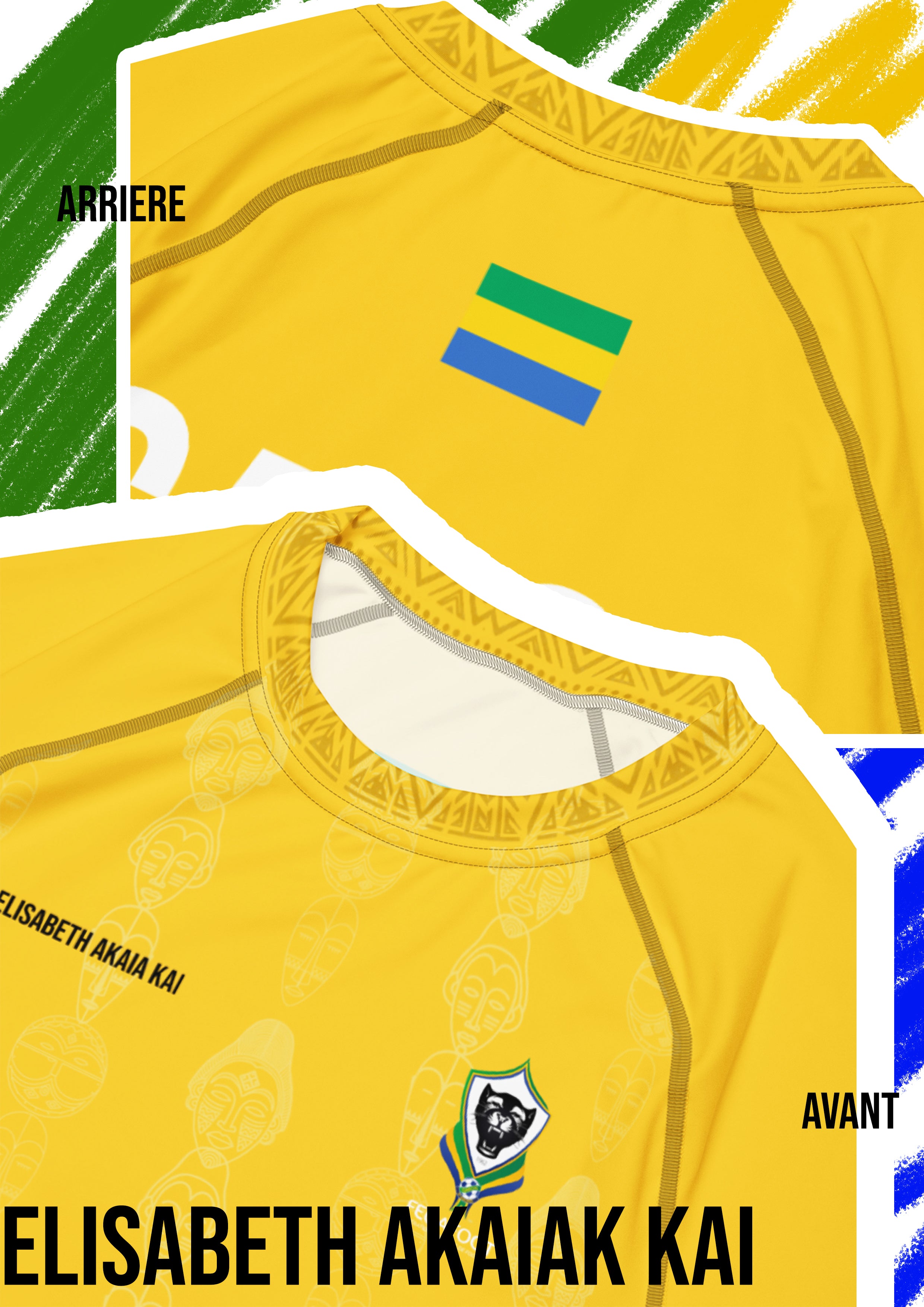 Image présentant le maillot jaune de l’équipe du Gabon conçu par la marque Élisabeth Akaïa Kaï. On distingue le devant et le dos du vêtement : à l’avant, le logo de la FÉGAFOOT et celui de la marque, accompagnés de motifs de masques traditionnels ton sur ton ; à l’arrière, le drapeau gabonais. Le col arbore des motifs géométriques inspirés de l’art africain, sur un fond aux couleurs vert, jaune et bleu évoquant le drapeau national.
