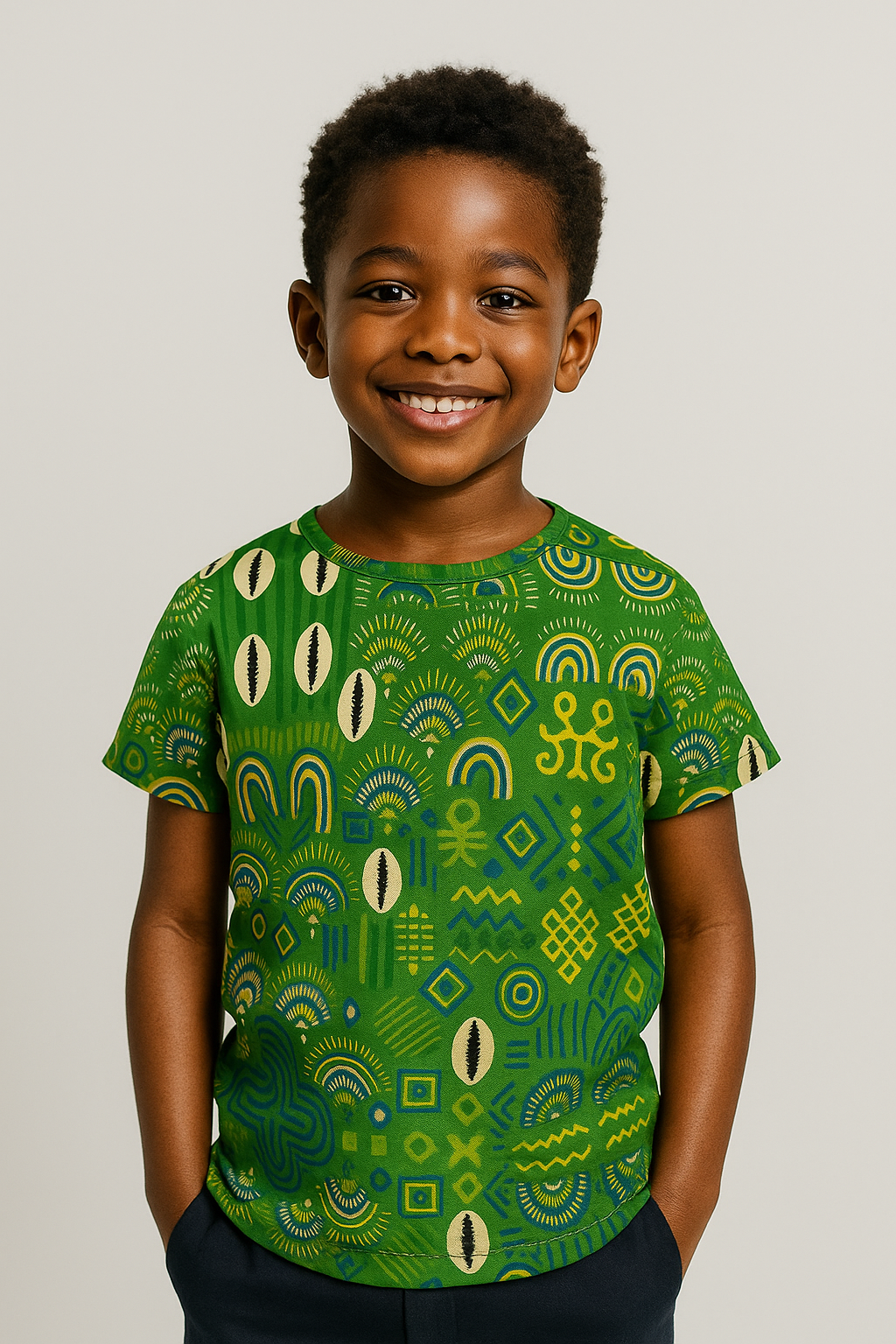 Garçon afro souriant portant le t-shirt enfant Mwana, sur fond neutre de studio, mettant en valeur l’imprimé artistique.