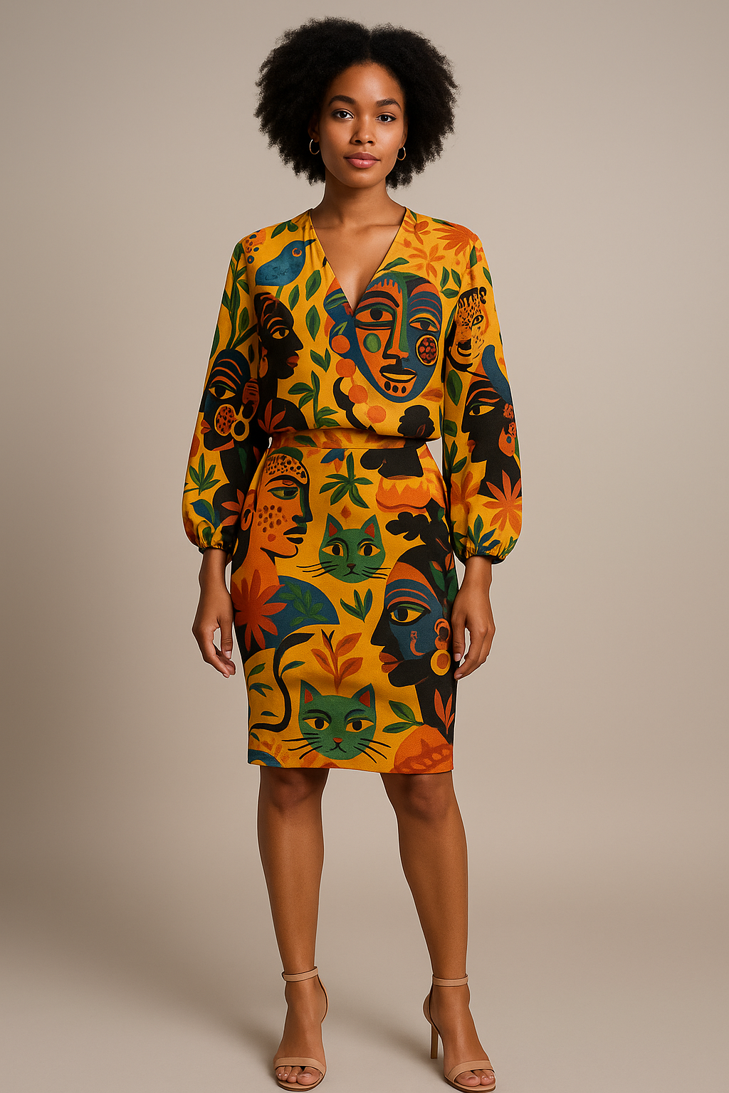 Mannequin afro-métisse portant l’ensemble Tanéa composé de la jupe crayon moulante à hauteur du genou et de la blouse fluide assortie, studio fond neutre, style luxe.