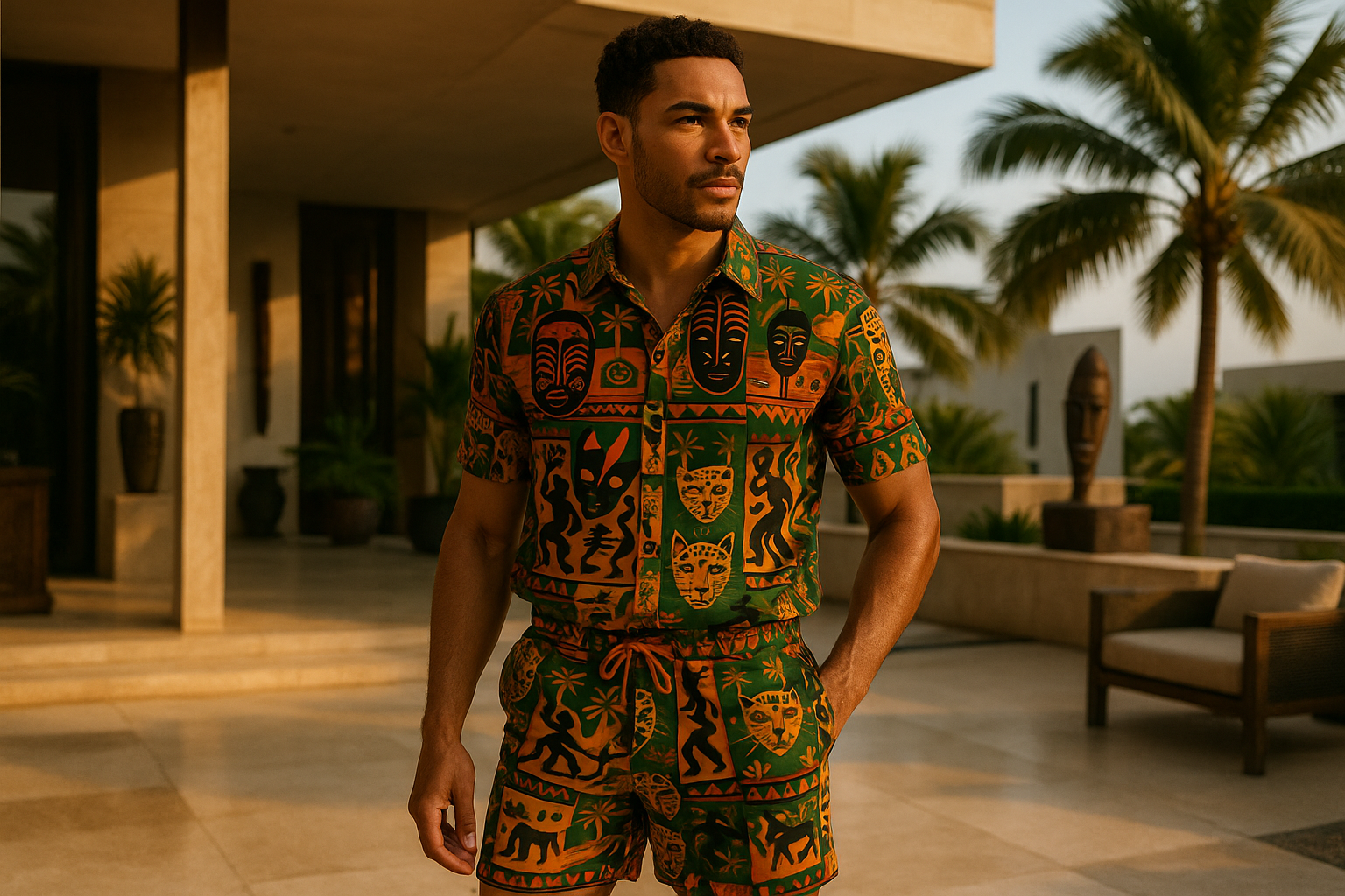 Homme portant un ensemble afro-luxe Élisabeth Akaïa Kaï composé d’une chemise et d’un short assortis, aux imprimés africains artistiques et culturels en vert, orange et noir. Tenue estivale exclusive inspirée du Gabon, parfaite pour la mode afro-luxe masculine, entre élégance contemporaine et héritage culturel.