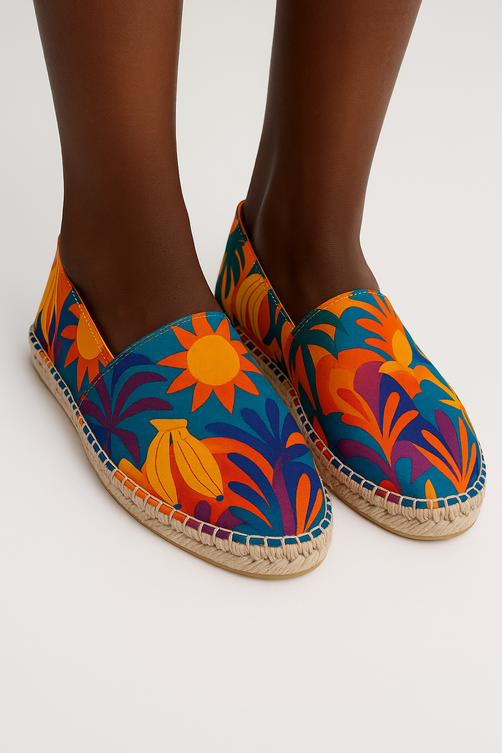 Plan rapproché des espadrilles Palma Aurea portées par un mannequin afro, mettant en valeur l’imprimé tropical multicolore (orange, bleu, vert, violet) et la semelle en corde naturelle.