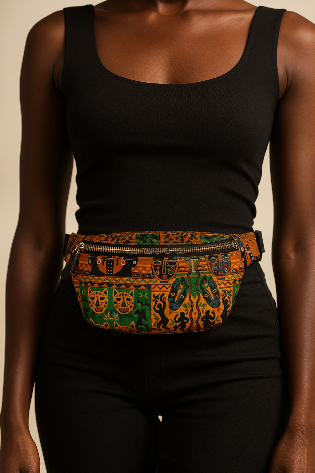 Gros plan sur le sac banane Nzinga, pièce afro-chic de luxe, porté par une femme afro en tenue noire minimaliste. Les détails des motifs africains colorés et la fermeture dorée sont mis en avant.