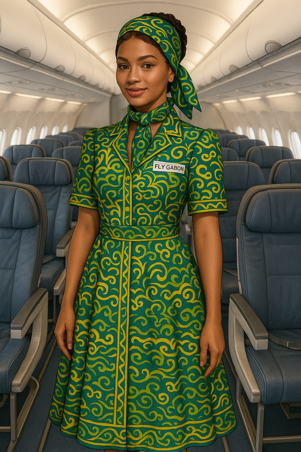 Hôtesse de l’air de la compagnie Fly Gabon portant l’uniforme officiel : une robe verte à motifs jaunes d’inspiration culturelle gabonaise, assortie d’un foulard et d’un tour de cou, posant dans la cabine d’un avion.
