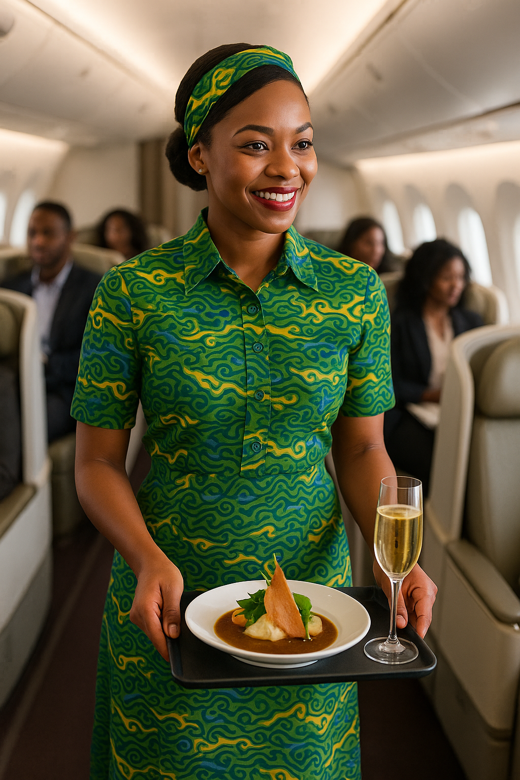 Une hôtesse de l’air souriante, vêtue d’un uniforme vert et jaune aux motifs inspirés du Gabon, sert un plat raffiné et une coupe de champagne aux passagers dans la cabine d’un avion de ligne.