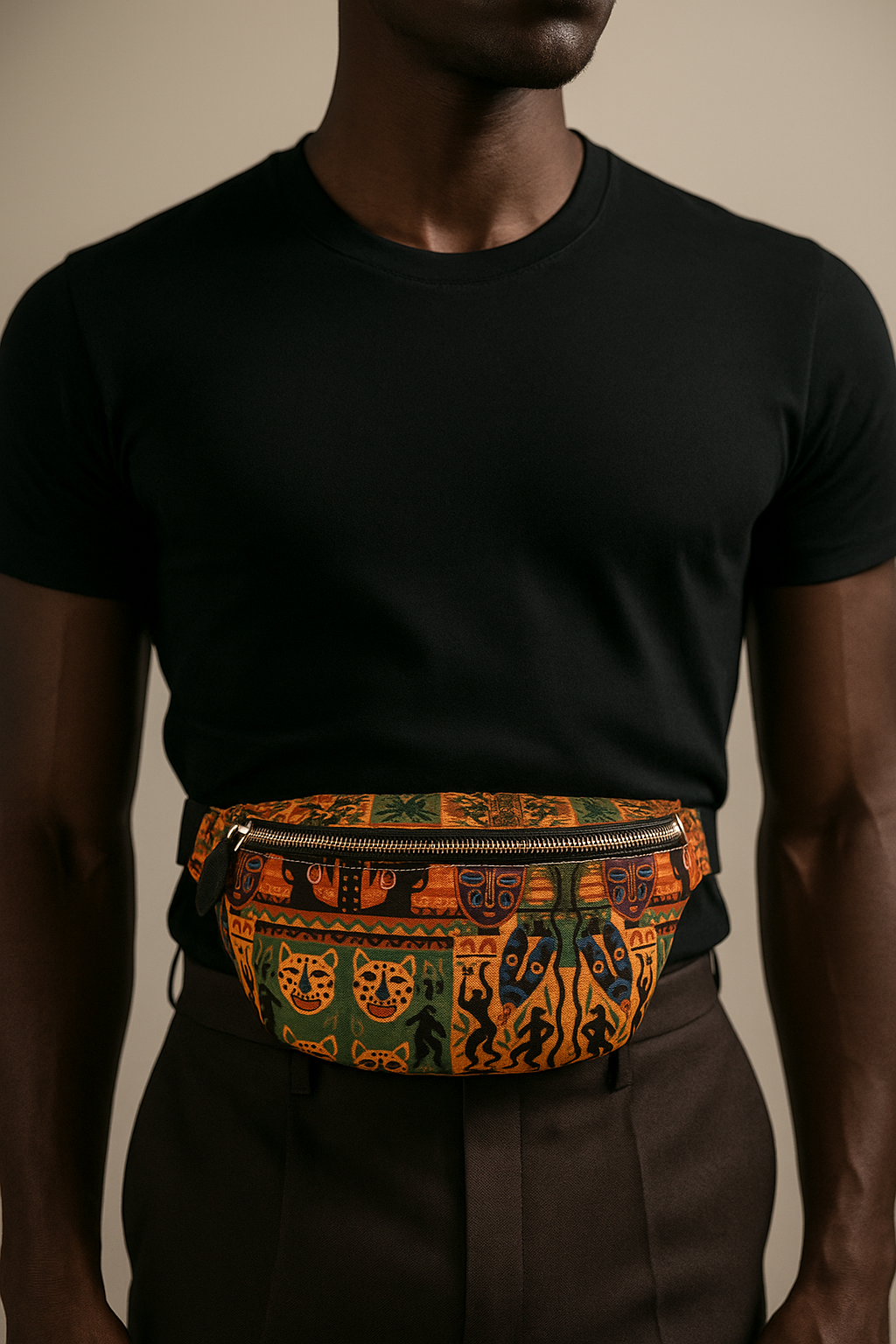 Photographie d’un mannequin homme afro portant le sac banane Nzinga imprimé afro-chic, accessoire centré sur le buste, style moderne et minimaliste, ambiance studio luxe.