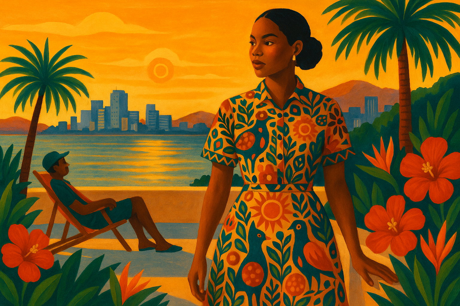 Illustration artistique afro-luxe représentant un couple admirant le coucher de soleil sur Libreville, avec vue sur l’océan, palmiers tropicaux, fleurs d’hibiscus et immeubles modernes en arrière-plan. Univers visuel solaire d’Élisabeth Akaïa Kaï, symbole de la mode afro-luxe et du Gabon Luxe.