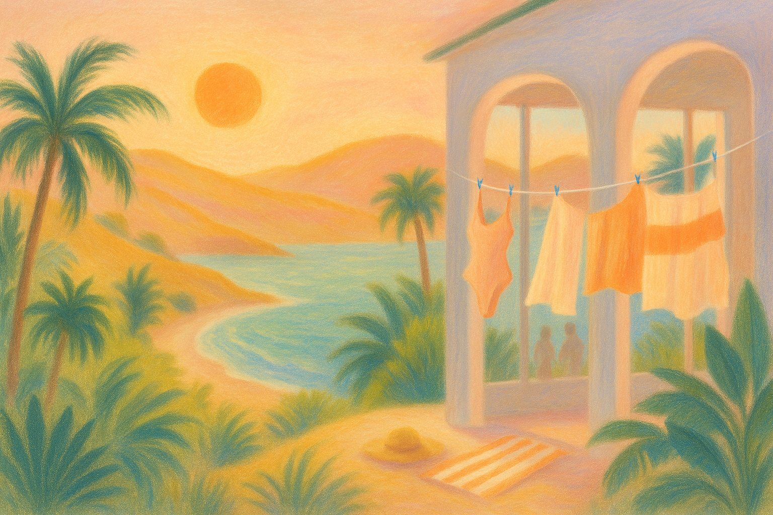 Illustration artistique douce aux tons pastel représentant un coucher de soleil tropical au bord de la mer, avec palmiers, collines dorées et maison élégante en bord de plage. Des vêtements estivaux, dont un maillot de bain, sèchent au vent. Univers solaire afro-luxe d’Élisabeth Akaïa Kaï, inspiré du Gabon Luxe et de la mode artistique.