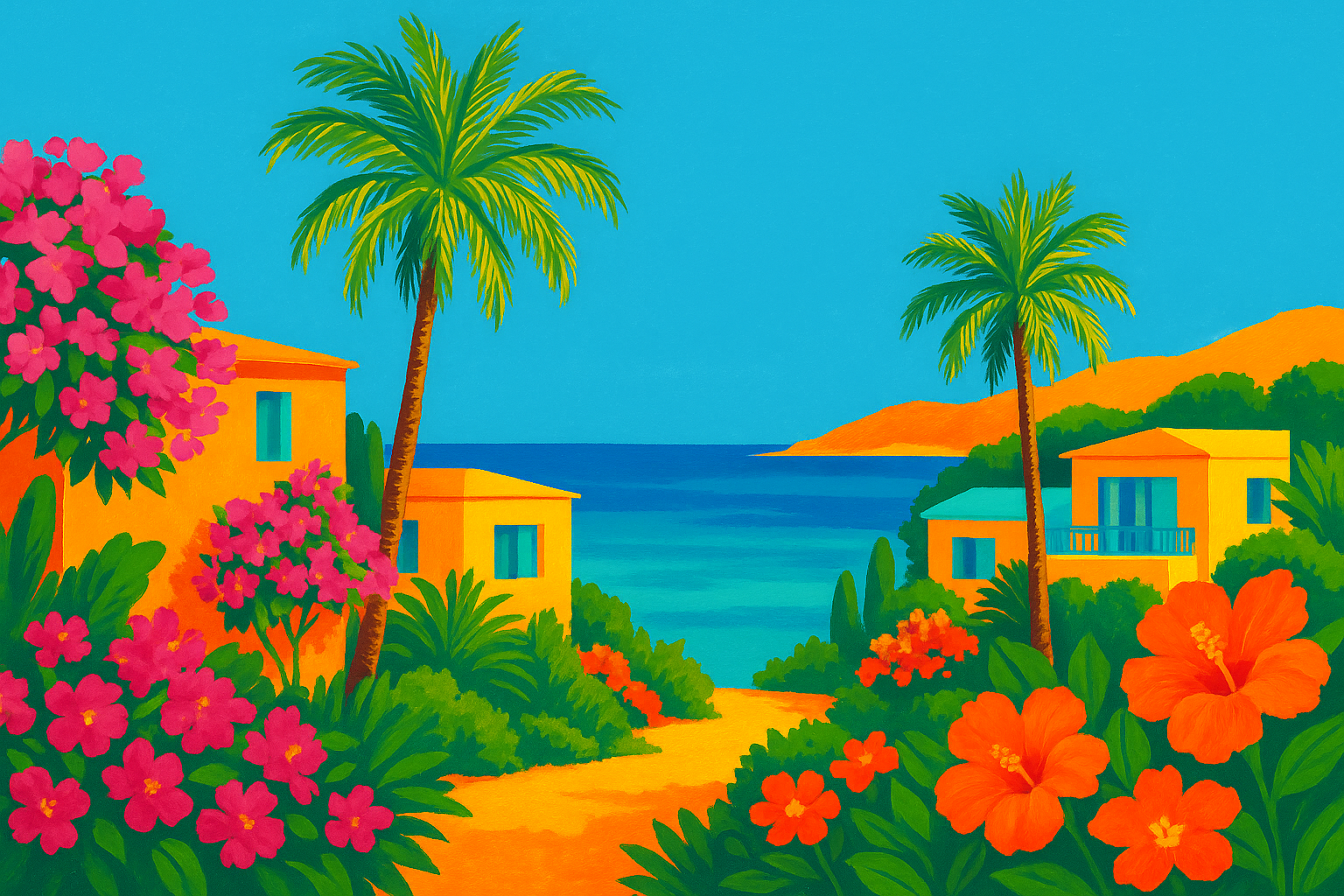 Illustration artistique afro-luxe représentant un paysage tropical inspiré du Gabon, avec maisons colorées, fleurs exotiques flamboyantes, palmiers et vue sur l’océan. Univers visuel solaire et luxuriant d’Élisabeth Akaïa Kaï, symbole du Gabon Luxe et de l’esthétique afro-luxe contemporaine.
