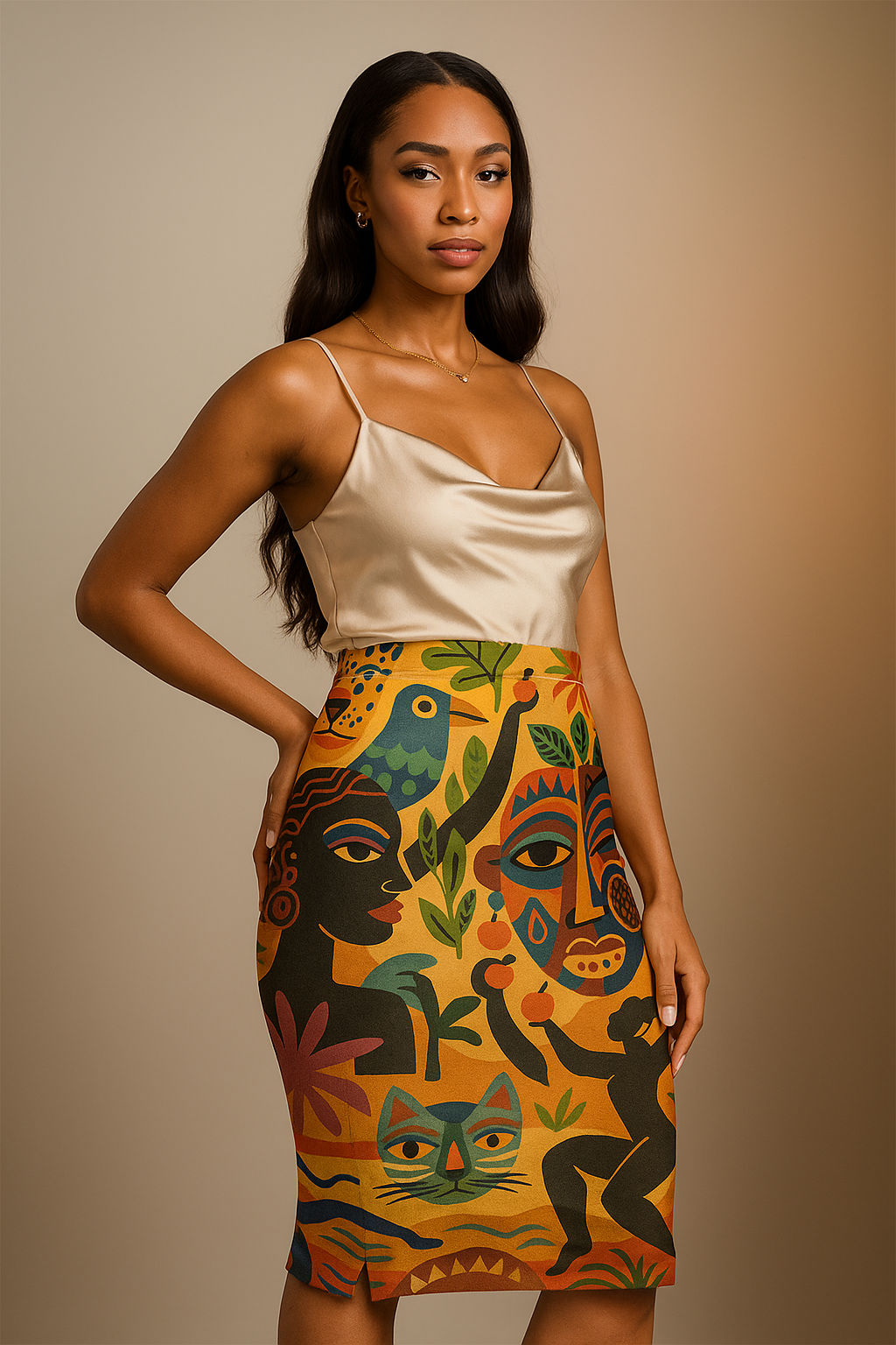 Mannequin afro-métisse portant la jupe crayon Tanéa coupe slim moulante à hauteur du genou, imprimé aux motifs solaires et culturels, fond neutre luxe.