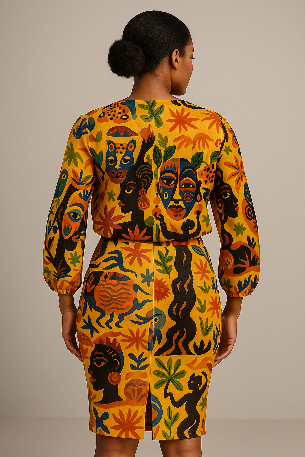 Mannequin afro-métisse portant la jupe crayon moulante Tanéa longueur genoux et la blouse assortie, vue de dos, imprimé artistique aux motifs solaires et culturels, ambiance studio luxe.