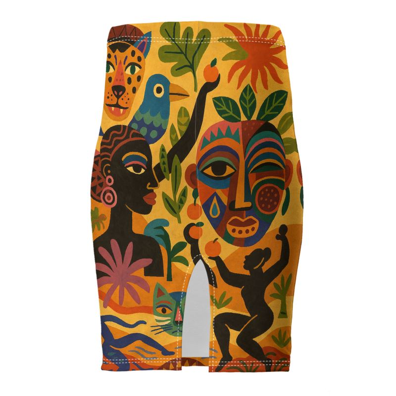 Jupe crayon Tanéa en coupe slim moulante, imprimé multicolore inspiré de l’art africain et méditerranéen, longueur genoux, produit en édition limitée.