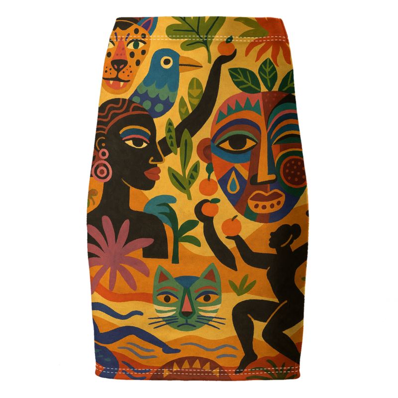Jupe crayon Tanéa en coupe slim moulante, imprimé multicolore inspiré de l’art africain et méditerranéen, longueur genoux, produit en édition limitée.