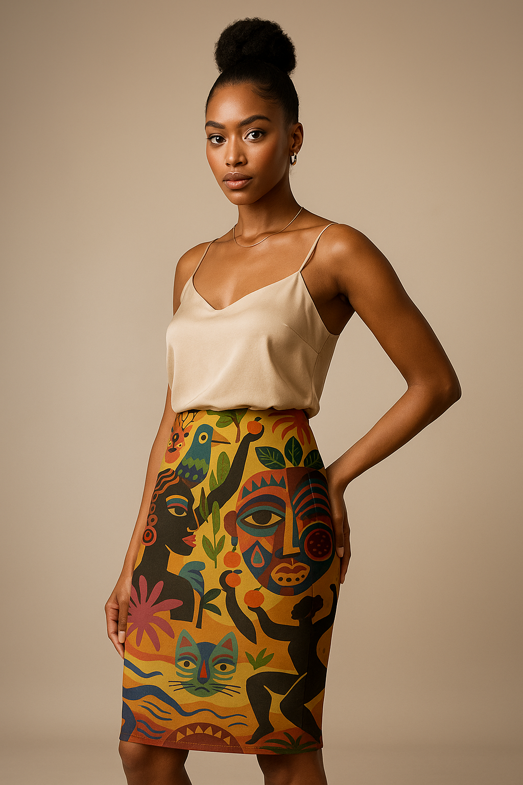 Mannequin afro-métisse en débardeur soie beige portant la jupe crayon moulante Tanéa longueur genoux, imprimé multicolore artistique, ambiance luxe minimaliste.
