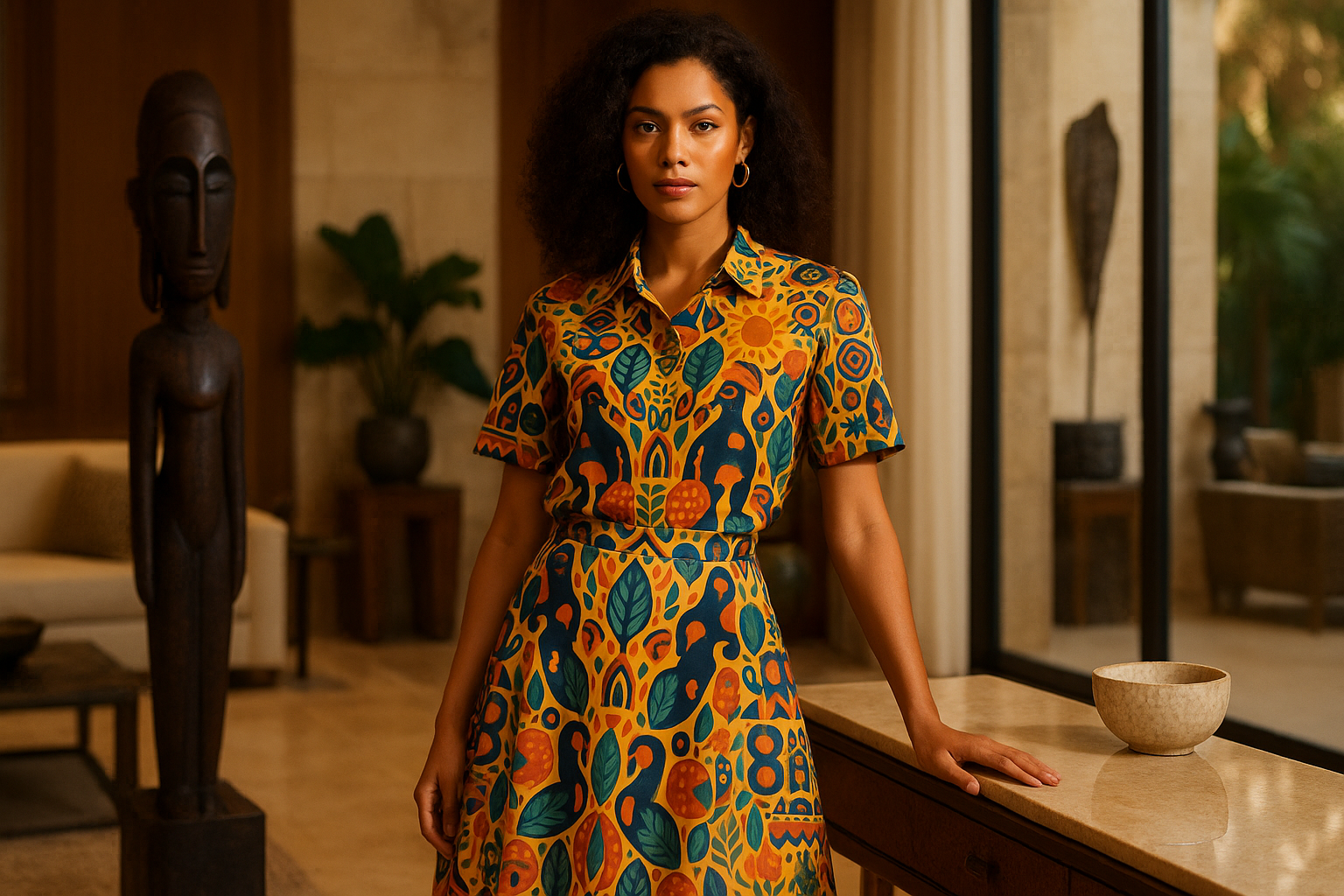 Texte alternatif (alt-text SEO)
Femme portant une jupe et sa chemise afro-luxe Élisabeth Akaïa Kaï, aux imprimés artistiques solaires en orange, bleu et vert. Pièce de mode gabonaise haut de gamme, élégante et culturelle, incarnant le Gabon Luxe et l’afro-luxe féminin avec une esthétique contemporaine et exclusive.