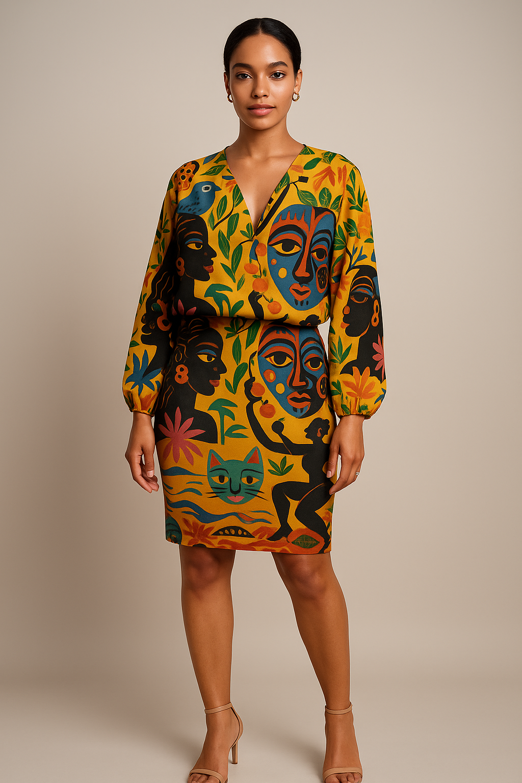 Mannequin afro-métisse aux cheveux naturels portant la jupe crayon moulante Tanéa avec la blouse assortie, imprimé artistique vibrant, studio luxe neutre.