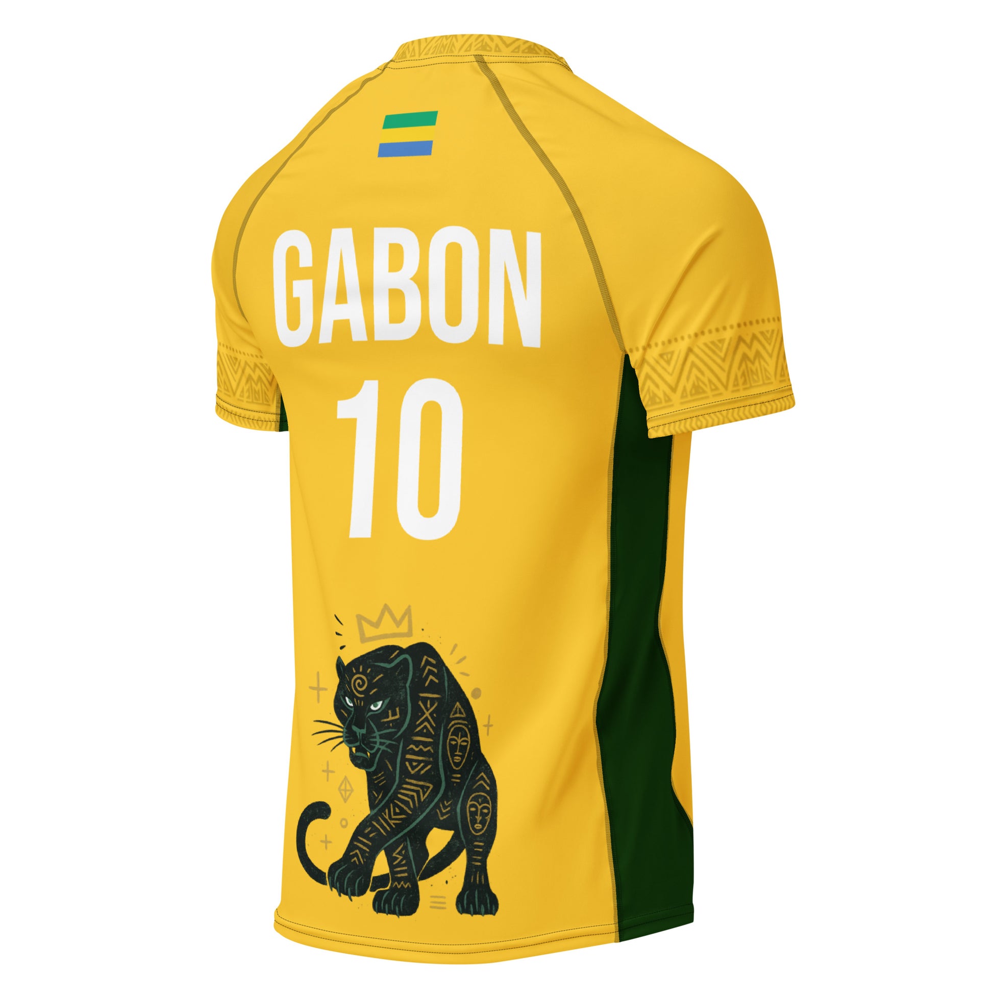 Vue trois-quarts arrière du maillot gabonais Élisabeth Akaïa Kaï montrant la panthère noire sacrée, symbole de puissance et d’identité gabonaise.