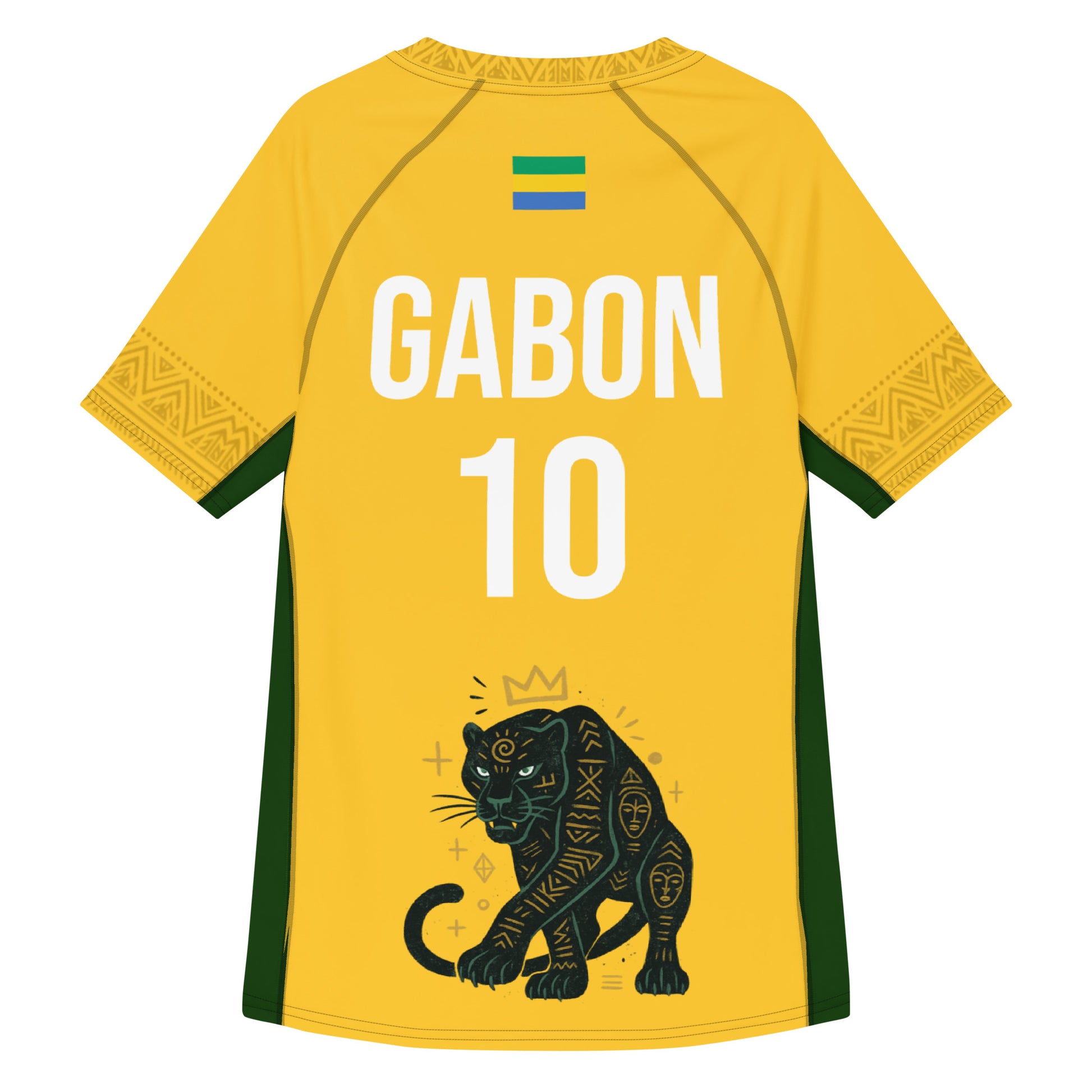 Dos du maillot gabonais de luxe Élisabeth Akaïa Kaï, avec inscription “GABON 10”, drapeau gabonais et panthère noire stylisée ornée de symboles traditionnels.