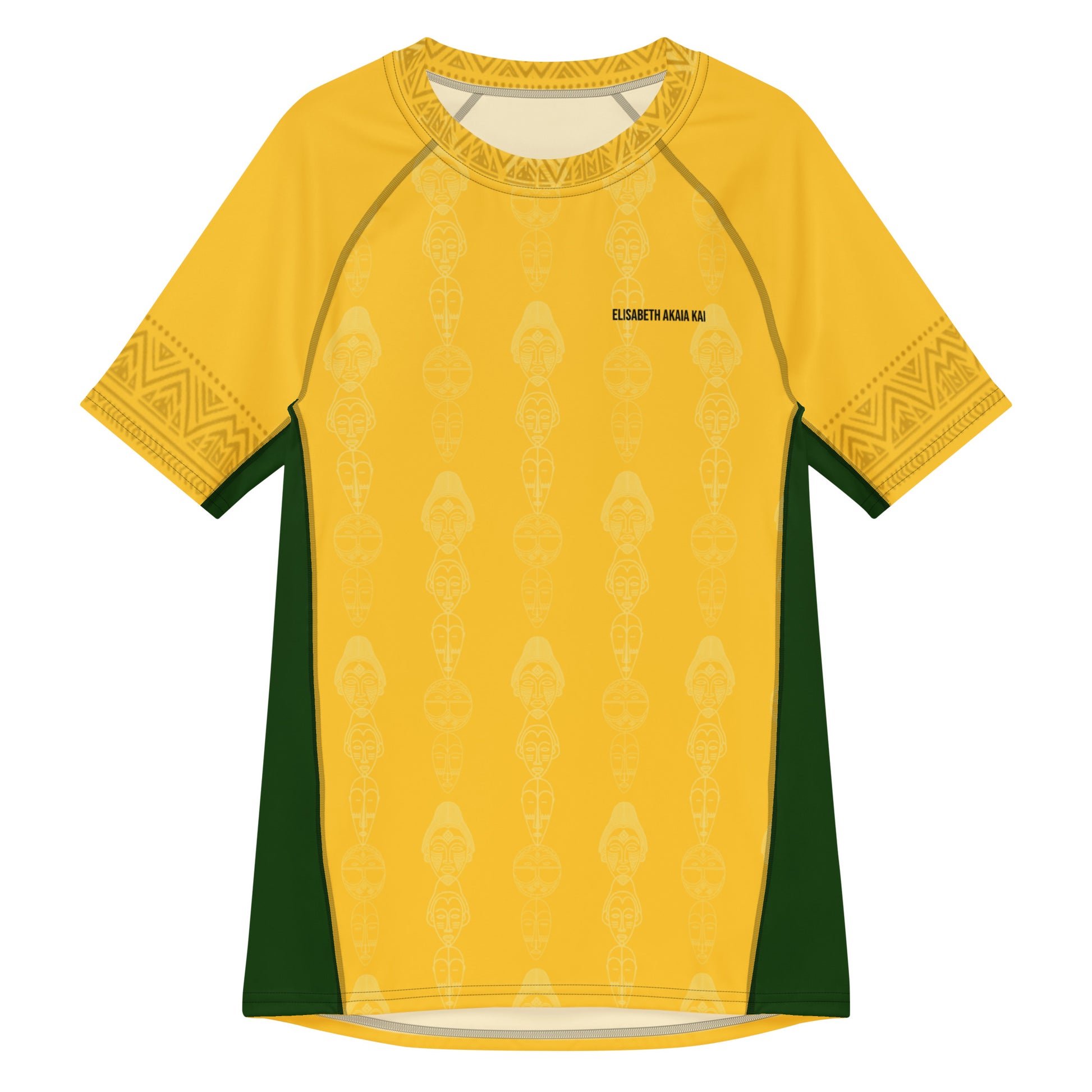 Maillot gabonais de luxe Élisabeth Akaïa Kaï, face avant, couleur or solaire avec motifs inspirés des masques Fang et détails verts, collection Libreville Royale.
