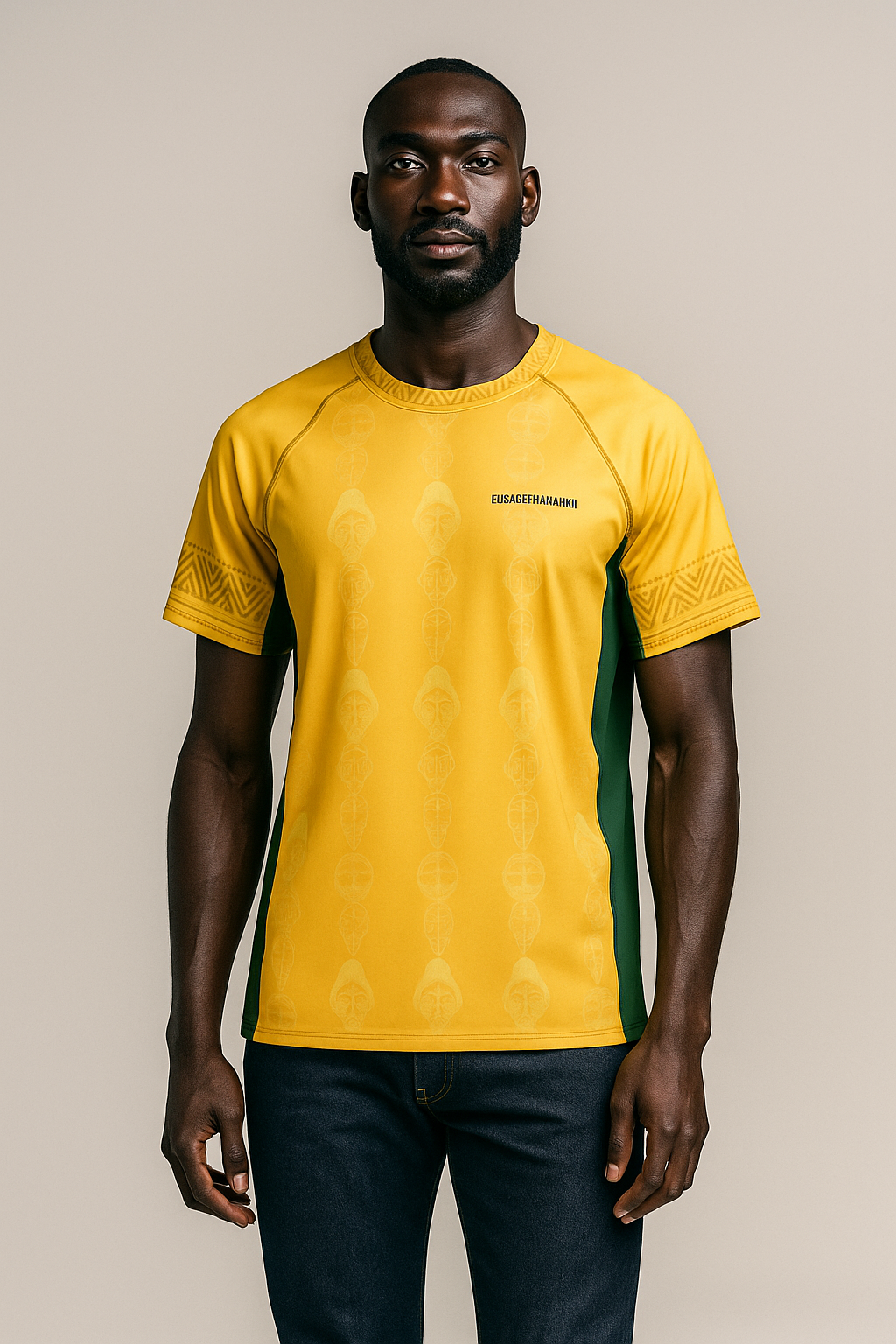 Modèle afro portant le maillot gabonais de luxe Ngɔ Éboga, collection Libreville Royale, coupe sportive et détails culturels raffinés.