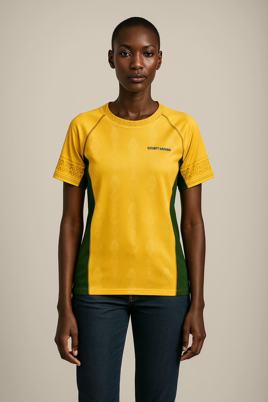 Modèle afro portant le maillot Élisabeth Akaïa Kaï Ngɔ Éboga, design doré inspiré du Gabon, esthétique moderne et symbolique ancestrale.