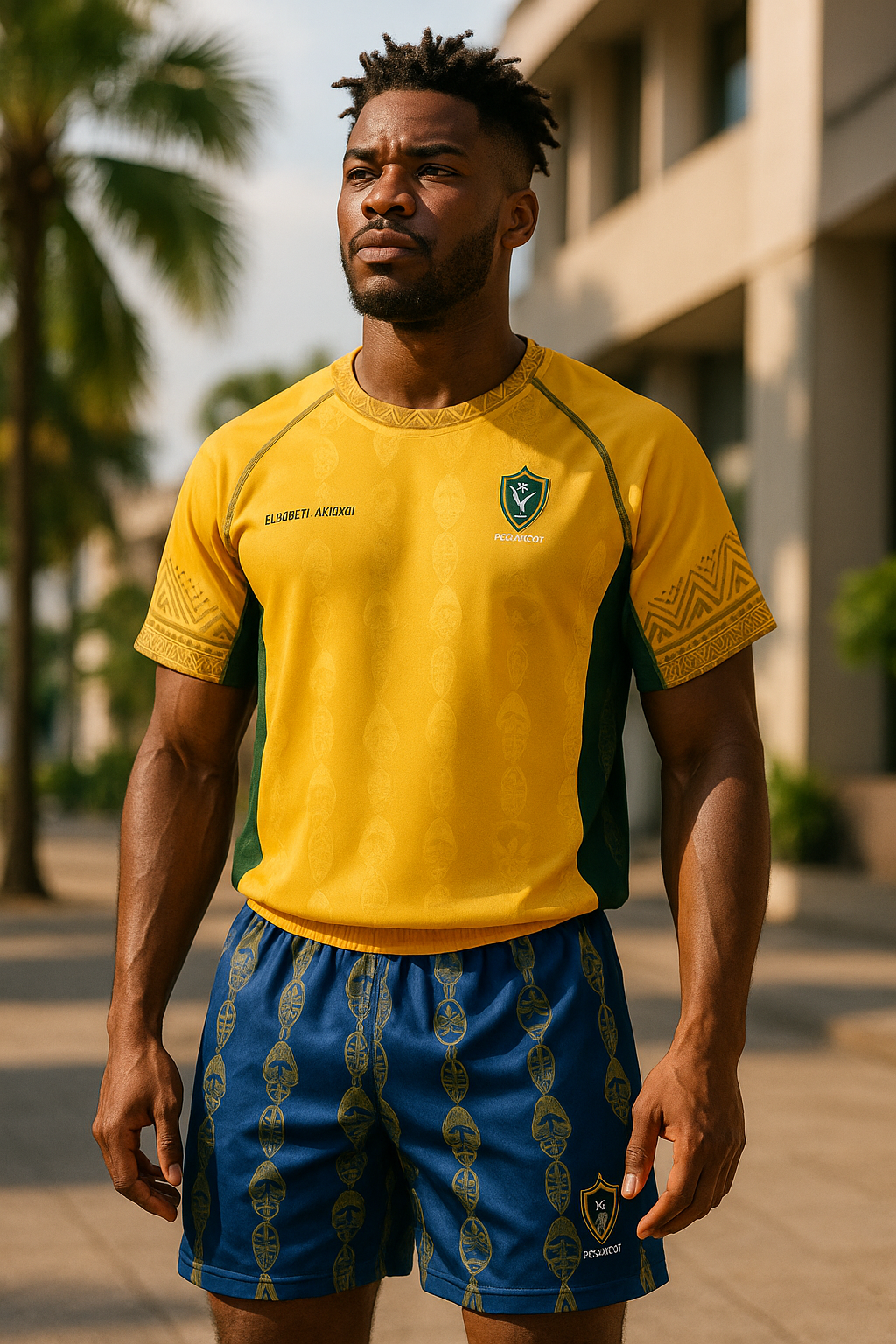 Un homme porte le maillot de football jaune et vert du Gabon, conçu par la marque Élisabeth Akaïa Kaï, associé à un short bleu orné de motifs de masques traditionnels gabonais. La tenue met en valeur l’emblème de la panthère et les symboles culturels du pays, dans un style moderne et élégant, sous la lumière dorée d’une avenue bordée de palmiers.