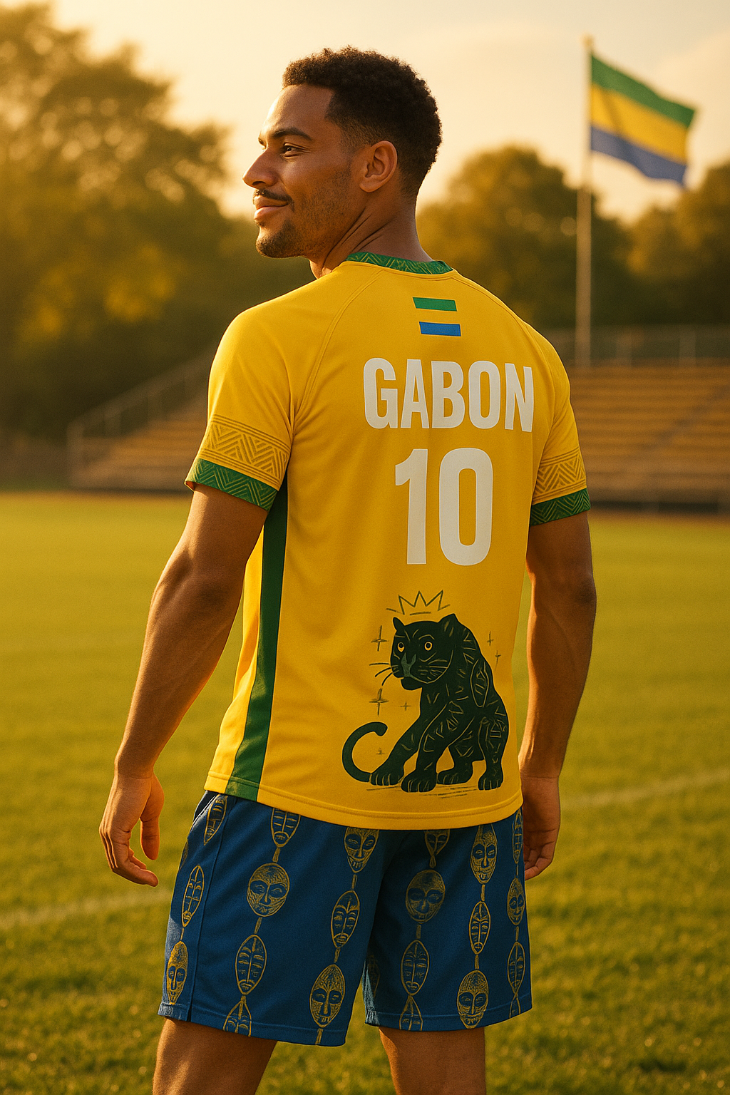Un homme souriant porte le maillot jaune de l’équipe du Gabon conçu par la marque Élisabeth Akaïa Kaï, orné du numéro 10, d’un drapeau gabonais et d’une panthère noire stylisée au dos. Le short bleu est décoré de motifs de masques traditionnels. En arrière-plan, un drapeau du Gabon flotte au-dessus du stade, baigné par la lumière dorée du couchant.