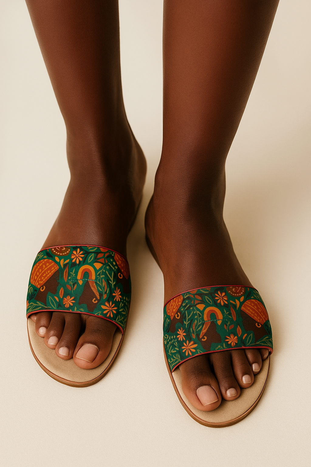 Gros plan réaliste des mules imprimées Dzanaï, portées par une mannequin afro, fond neutre studio. Motifs artistiques et culturels africains en vert, orange et marron.