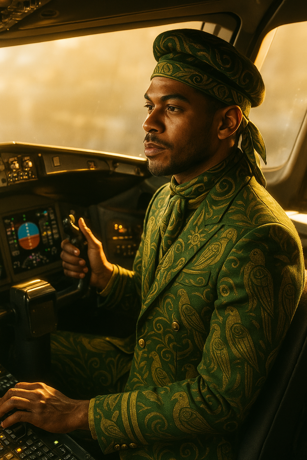 Un pilote assis dans le cockpit, vêtu d’un uniforme vert orné de motifs dorés représentant des oiseaux et des symboles traditionnels. Son allure sérieuse et concentrée, sous la lumière dorée du soleil, incarne à la fois prestige, professionnalisme et identité culturelle gabonaise.